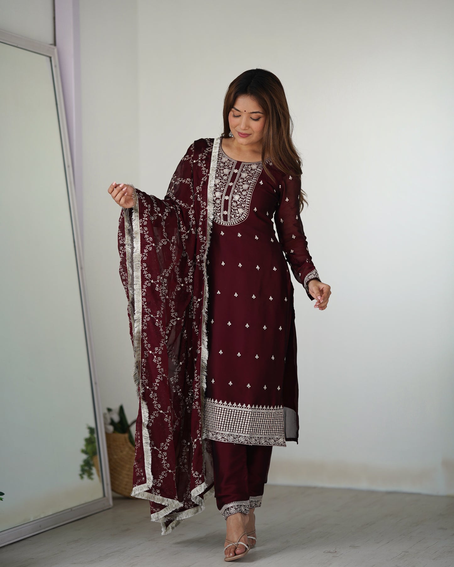 Pure Blooming Rangoli Silk Fabric Straight Fit Embroidery Work Maroon Kurta With Dupatta And Trousers By Stylish Ethnic