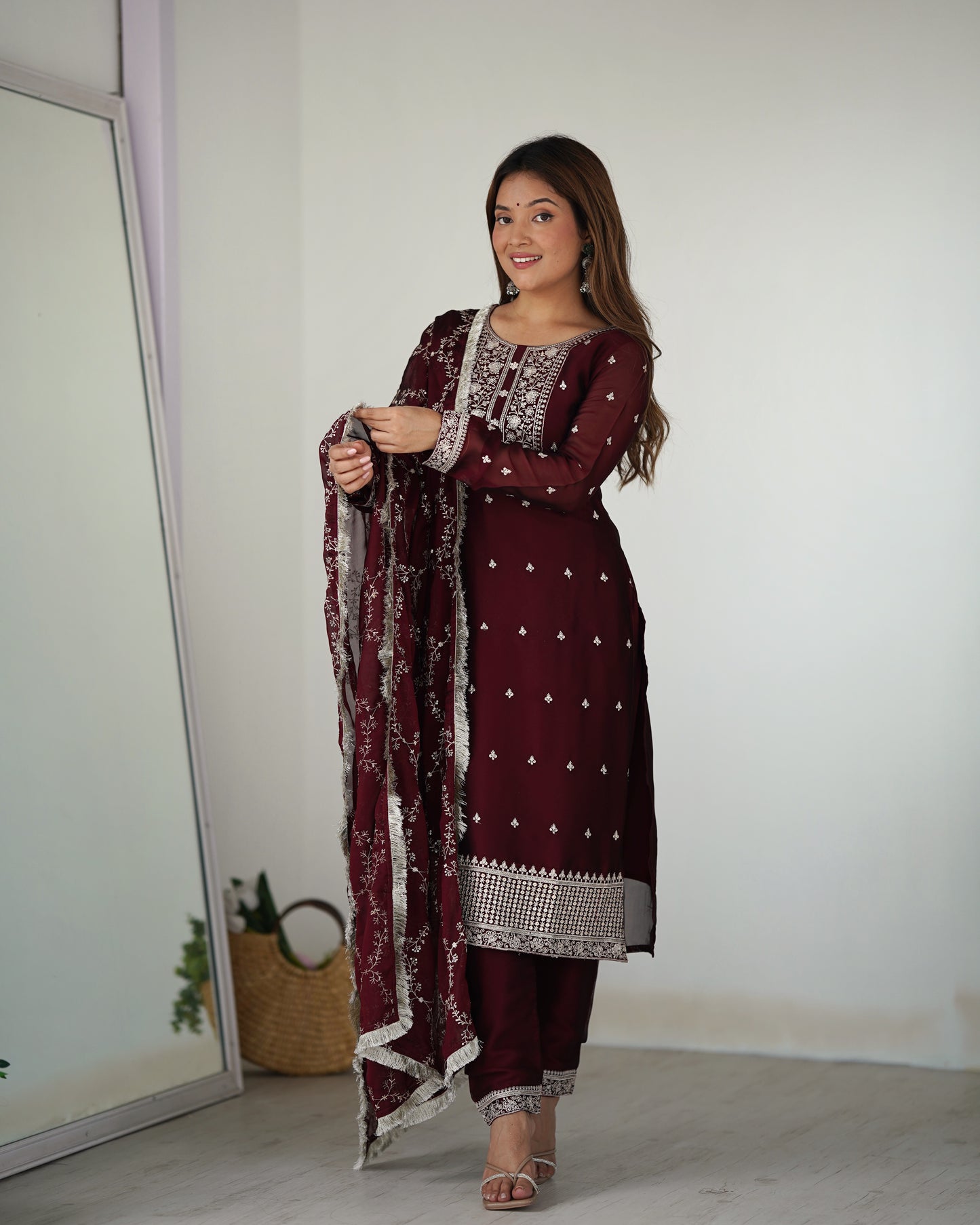 Pure Blooming Rangoli Silk Fabric Straight Fit Embroidery Work Maroon Kurta With Dupatta And Trousers By Stylish Ethnic