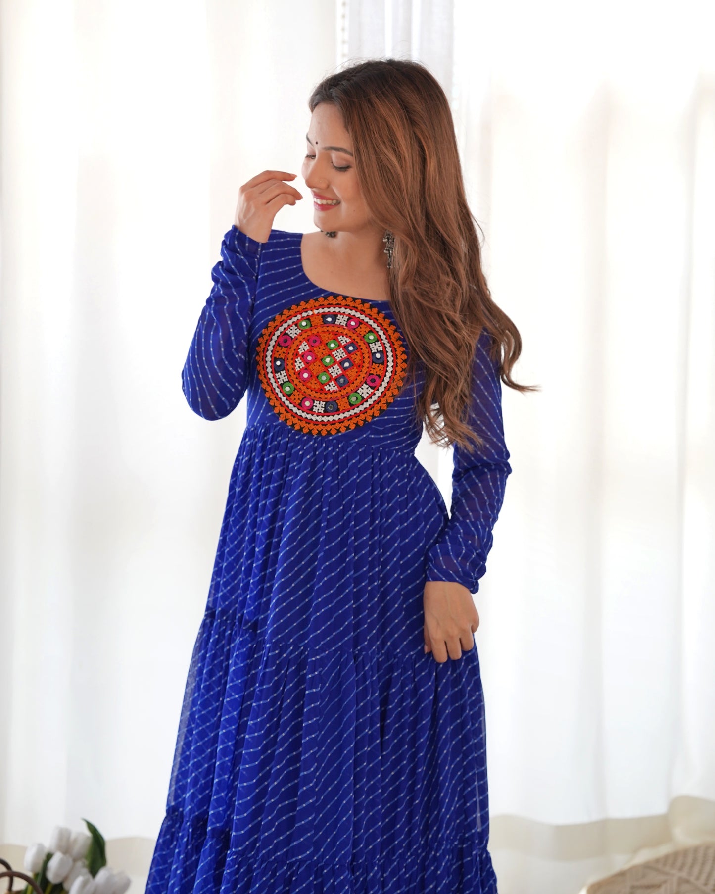 Georgette Embroidered Work Royal Blue Readymade Floor Length Gown By Stylish Ethnic