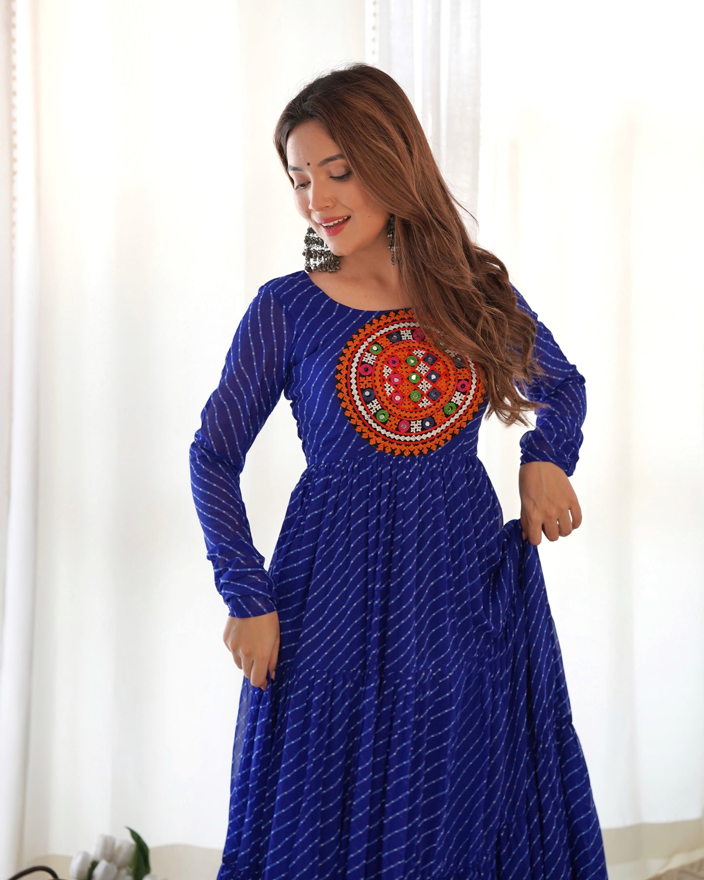 Georgette Embroidered Work Royal Blue Readymade Floor Length Gown By Stylish Ethnic