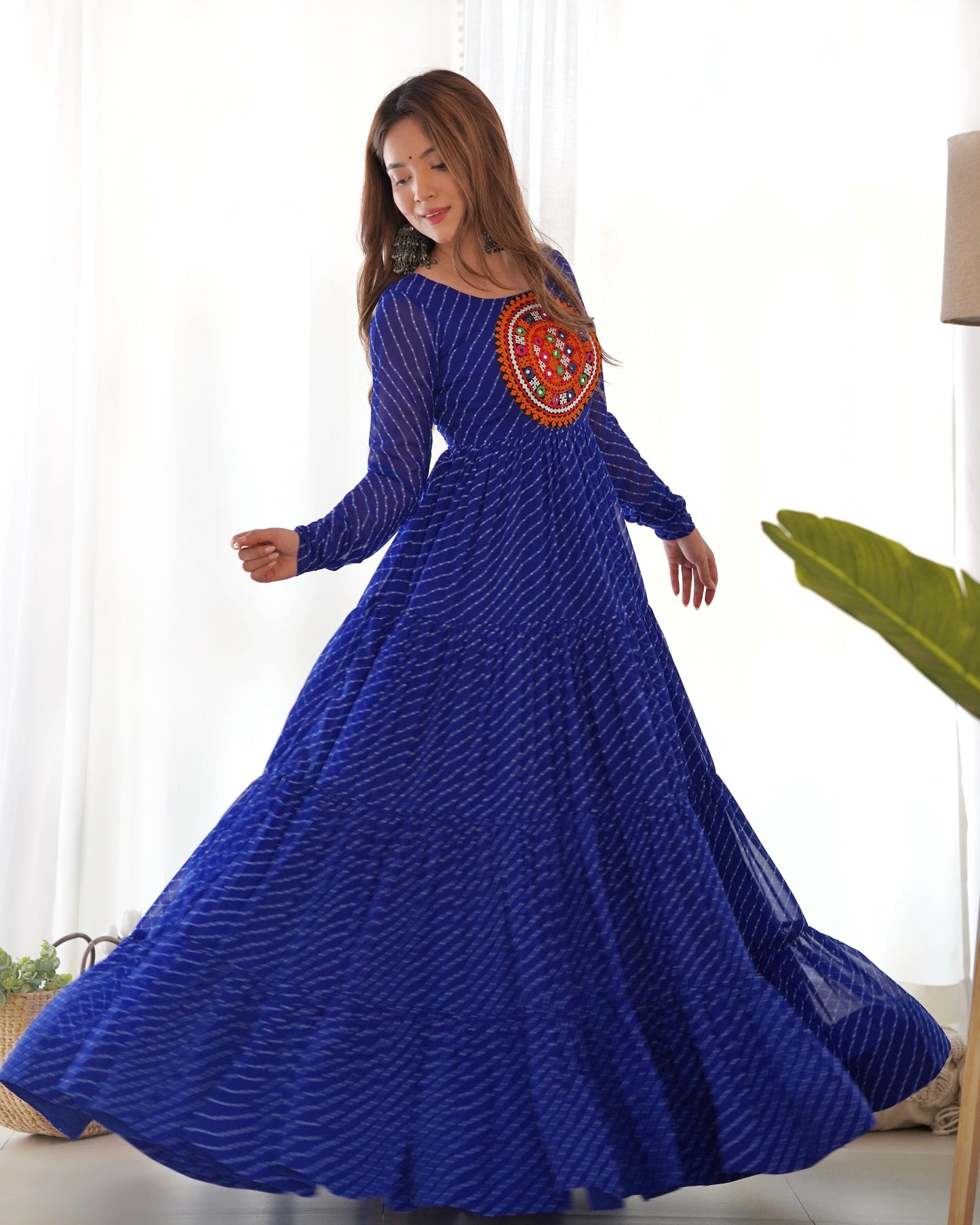 Georgette Embroidered Work Royal Blue Readymade Floor Length Gown By Stylish Ethnic