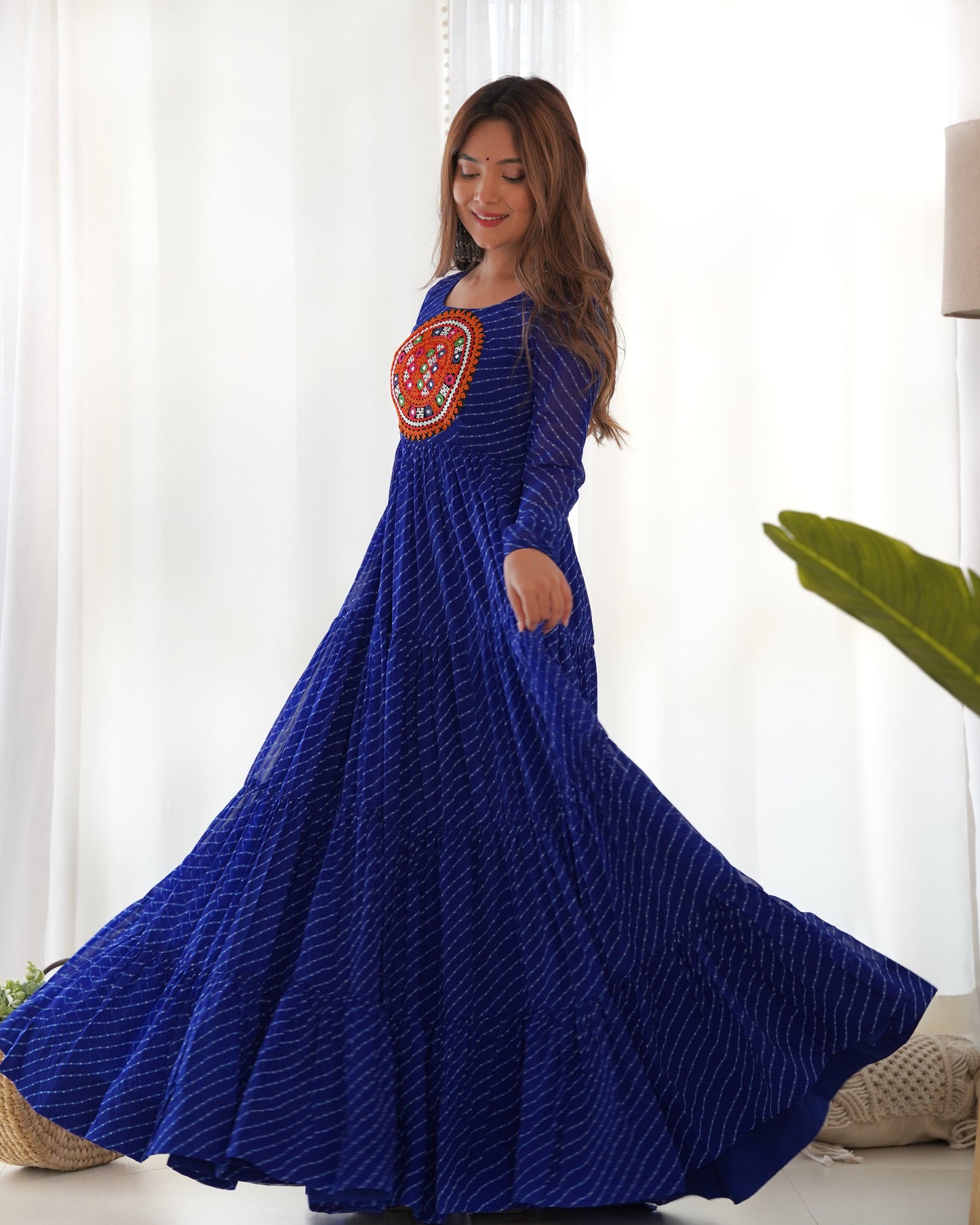 Georgette Embroidered Work Royal Blue Readymade Floor Length Gown By Stylish Ethnic