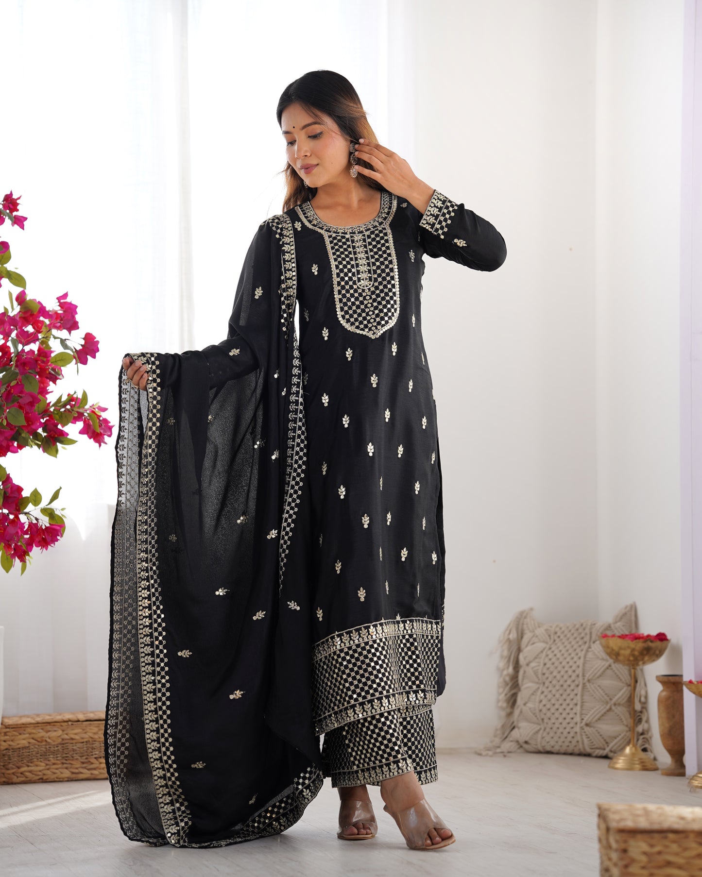 Elegant Pure Chinon Silk Black Kurta Set with Embroidery and Jari Work