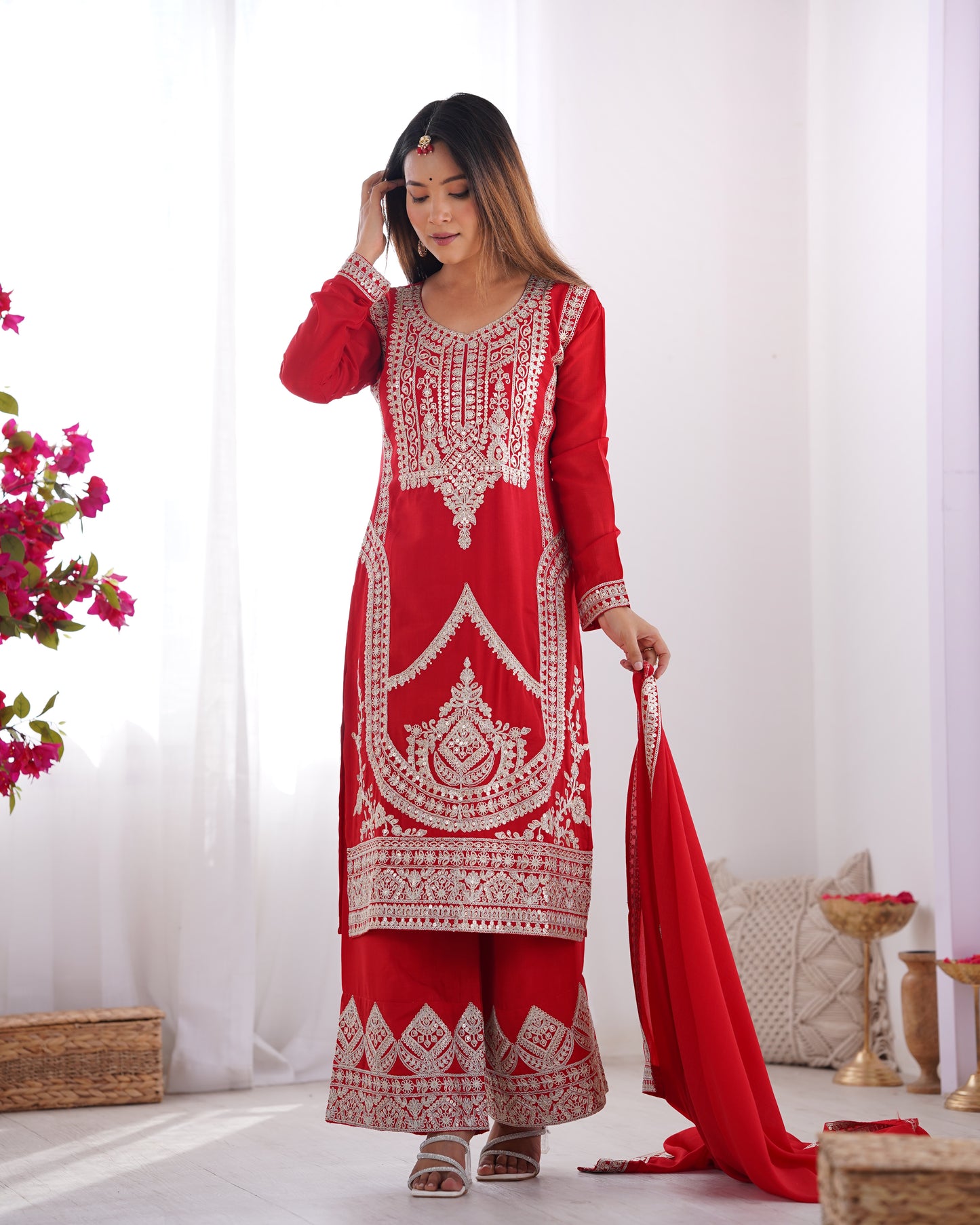 Elegant Pure Vichitra Silk Embroidered Red Kurta Set with Dupatta