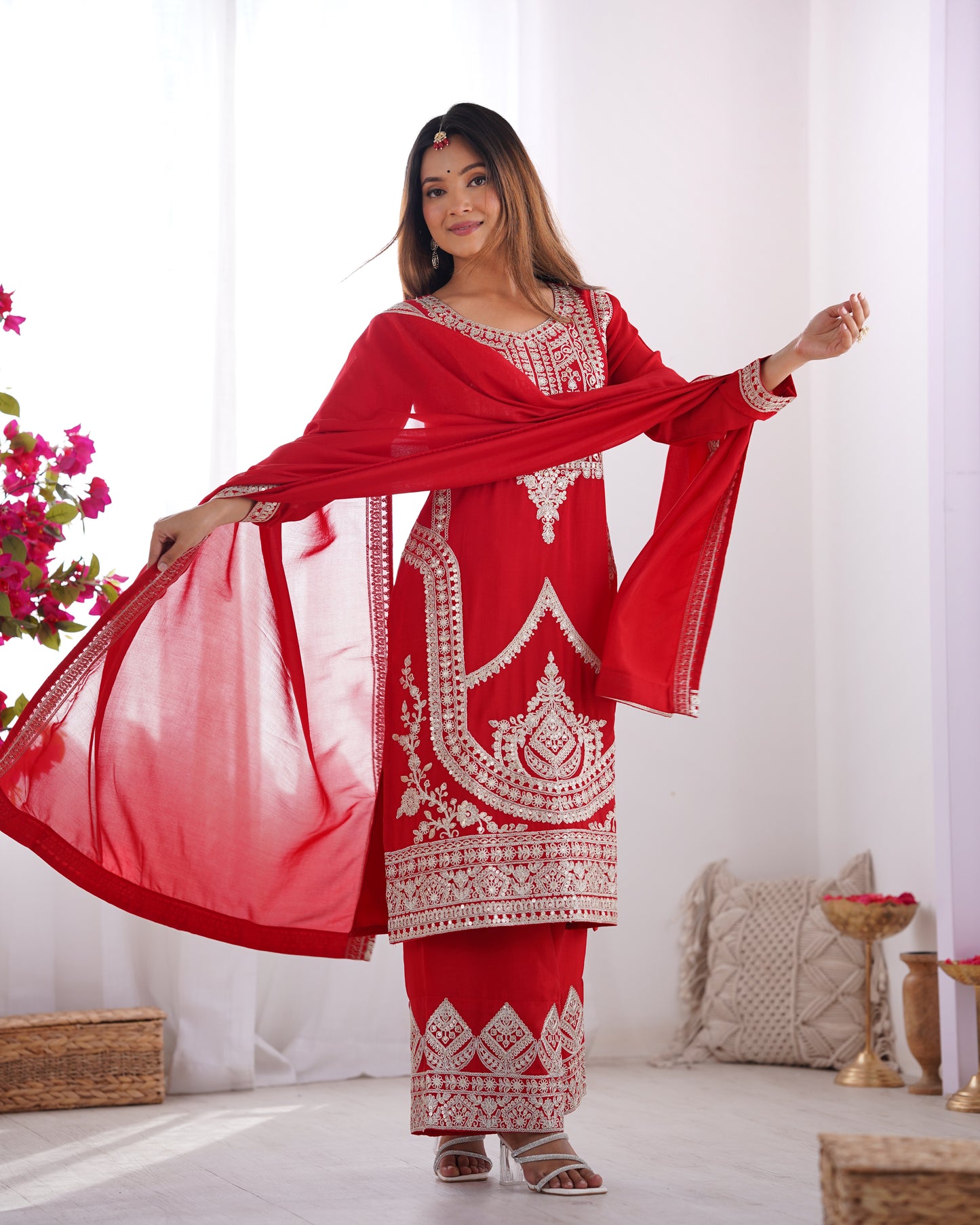 Elegant Pure Vichitra Silk Embroidered Red Kurta Set with Dupatta