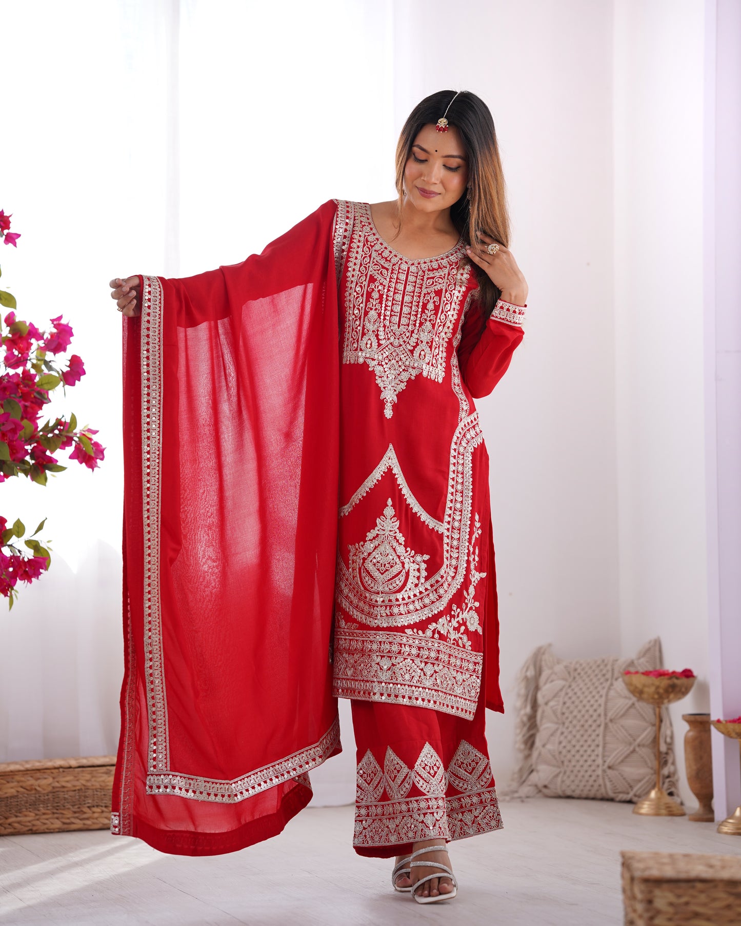 Elegant Pure Vichitra Silk Embroidered Red Kurta Set with Dupatta