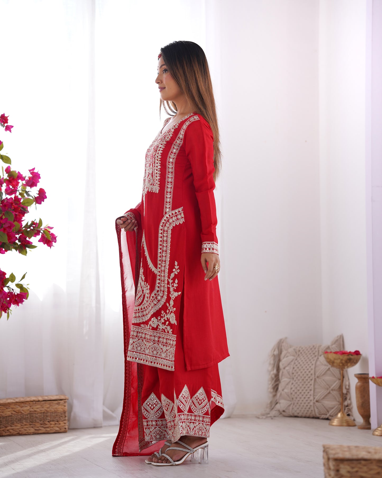 Elegant Pure Vichitra Silk Embroidered Red Kurta Set with Dupatta