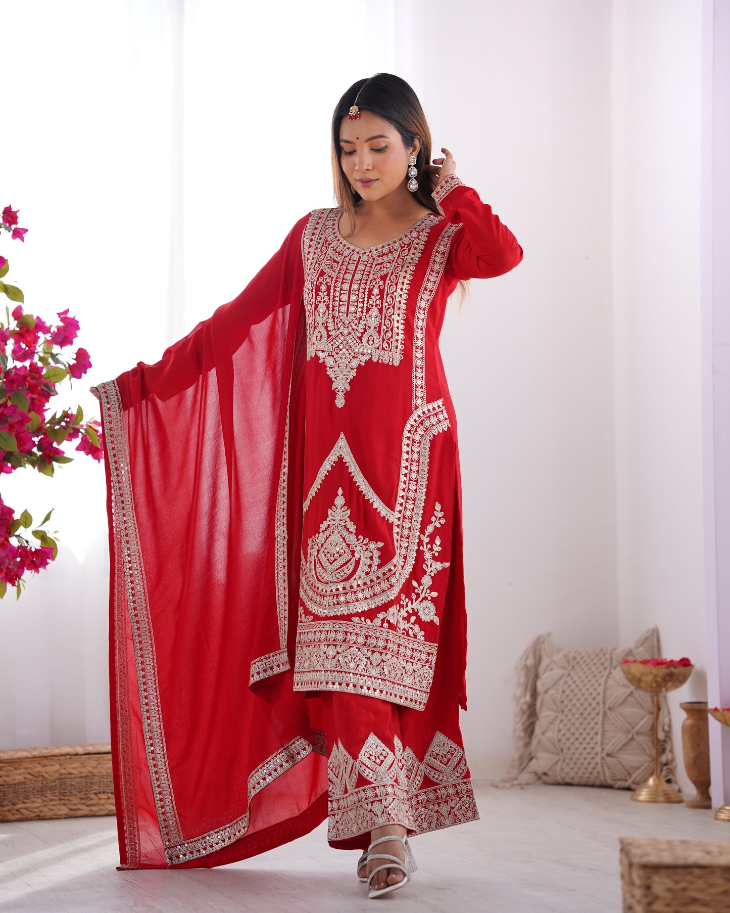 Elegant Pure Vichitra Silk Embroidered Red Kurta Set with Dupatta