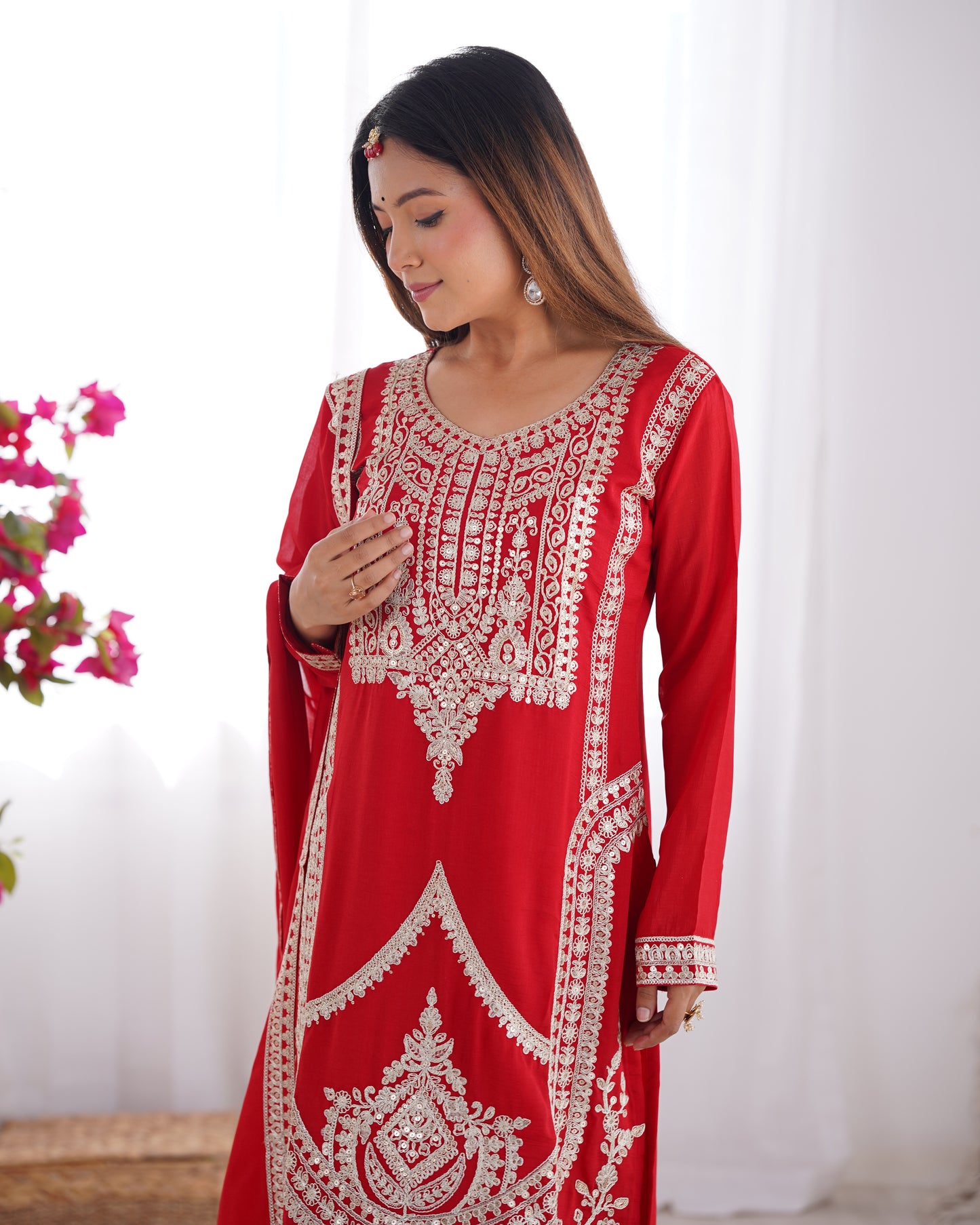 Elegant Pure Vichitra Silk Embroidered Red Kurta Set with Dupatta