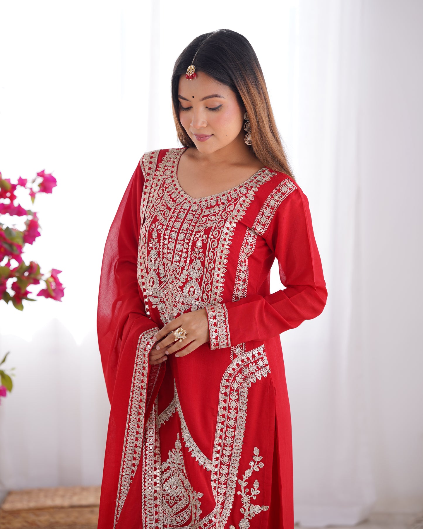 Elegant Pure Vichitra Silk Embroidered Red Kurta Set with Dupatta