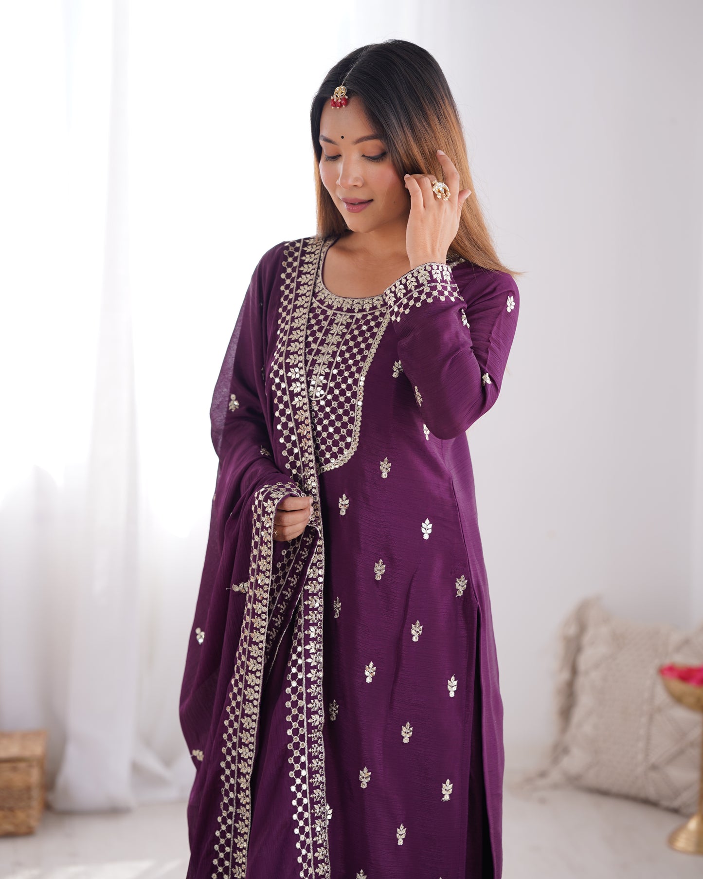 Elegant Pure Chinon Silk Purple Kurta Set with Embroidery and Jari Work
