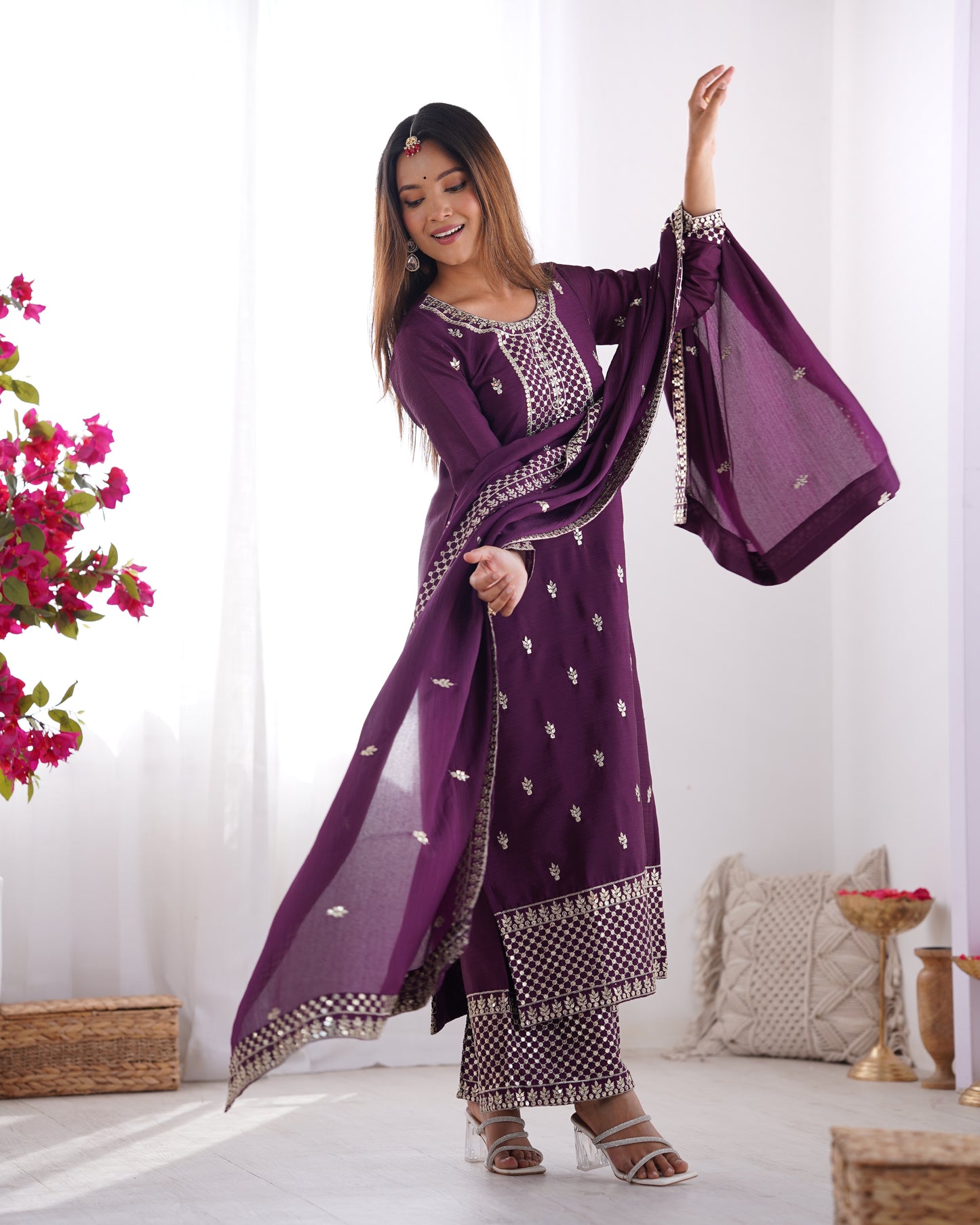 Elegant Pure Chinon Silk Purple Kurta Set with Embroidery and Jari Work