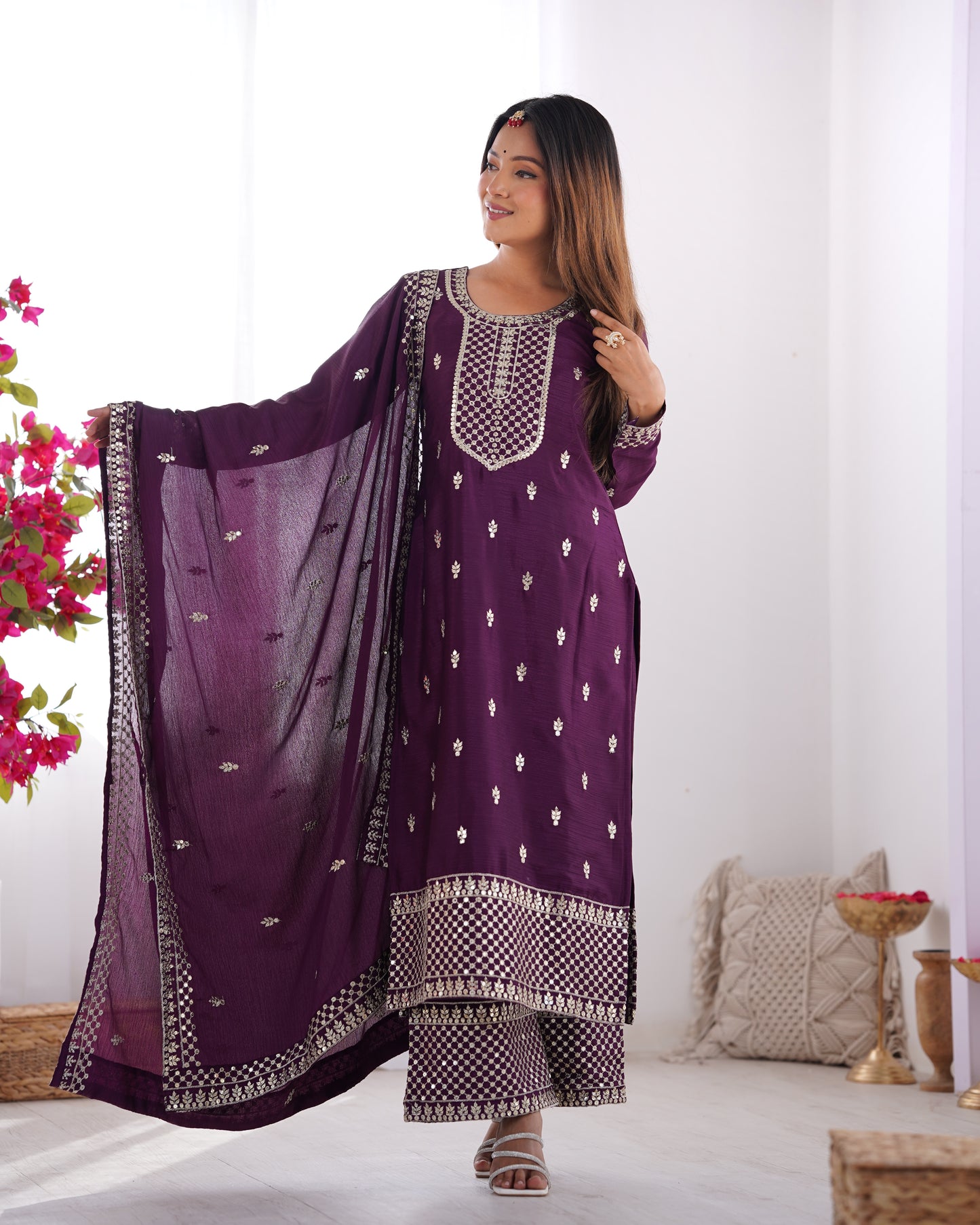 Elegant Pure Chinon Silk Purple Kurta Set with Embroidery and Jari Work