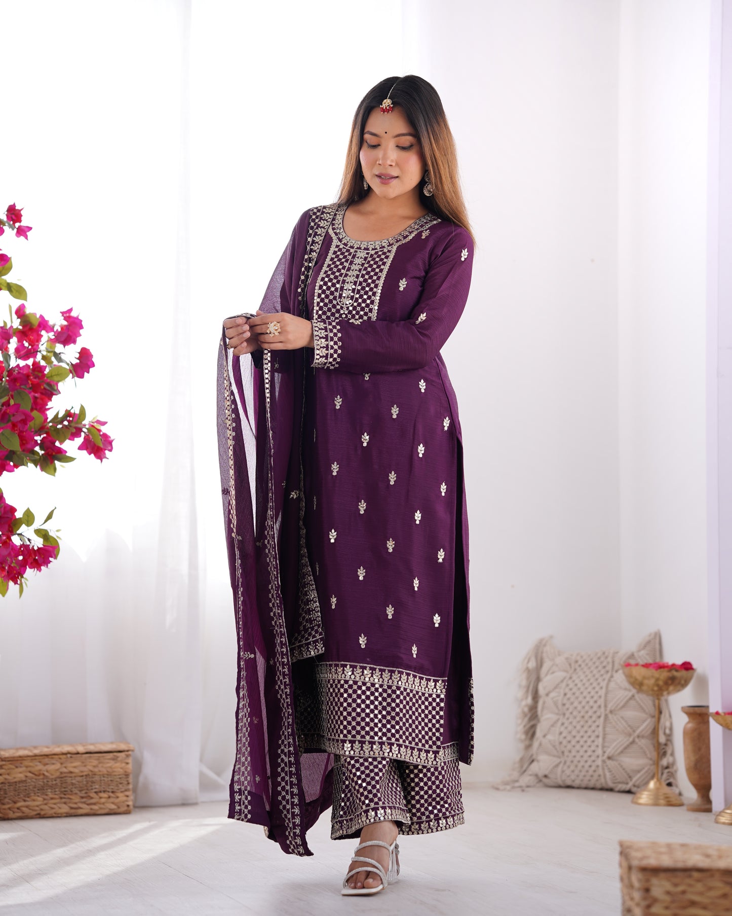 Elegant Pure Chinon Silk Purple Kurta Set with Embroidery and Jari Work