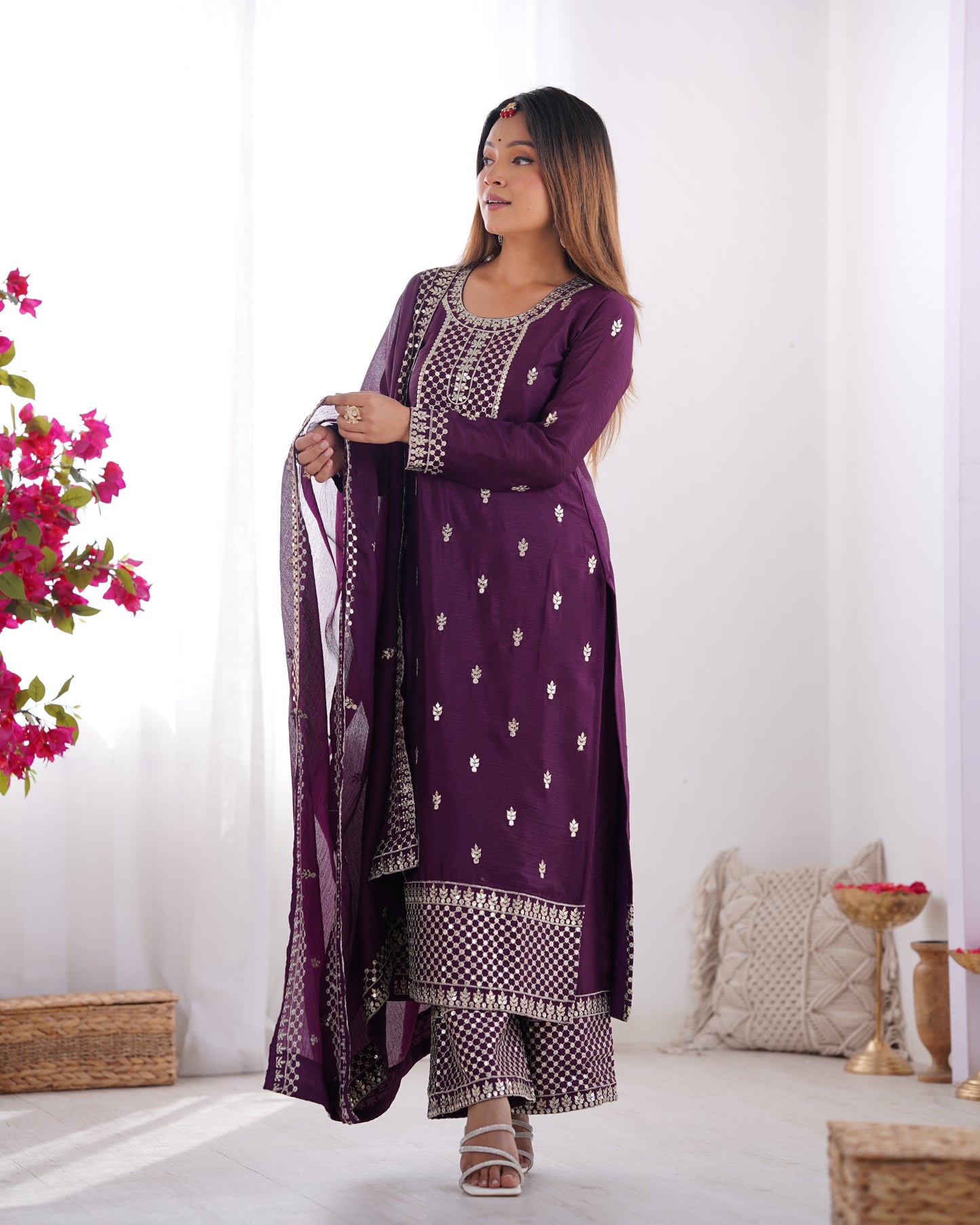 Elegant Pure Chinon Silk Purple Kurta Set with Embroidery and Jari Work