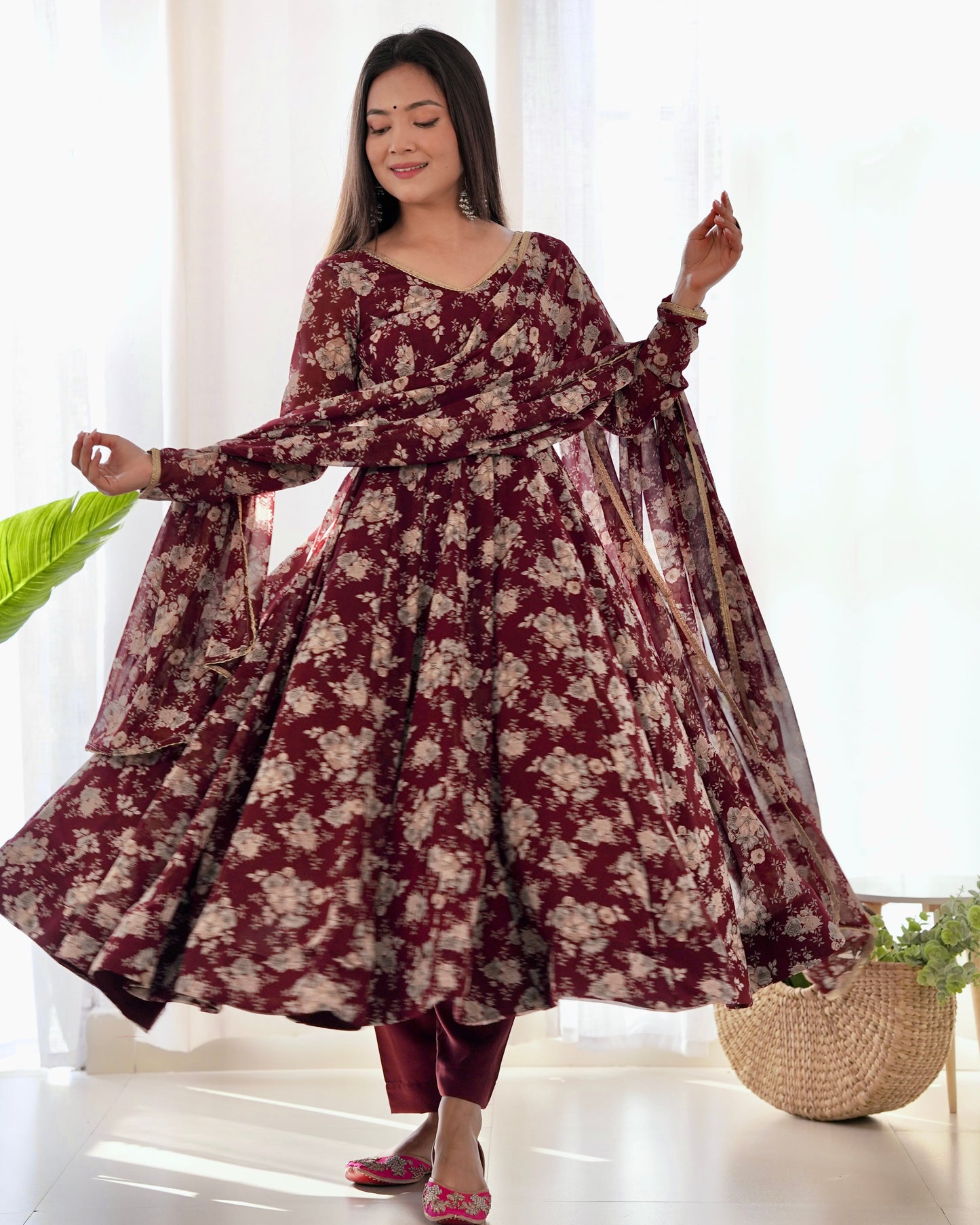 Dark Maroon Color Georgette Three Piece Anarkali Suit By Stylish Ethnic