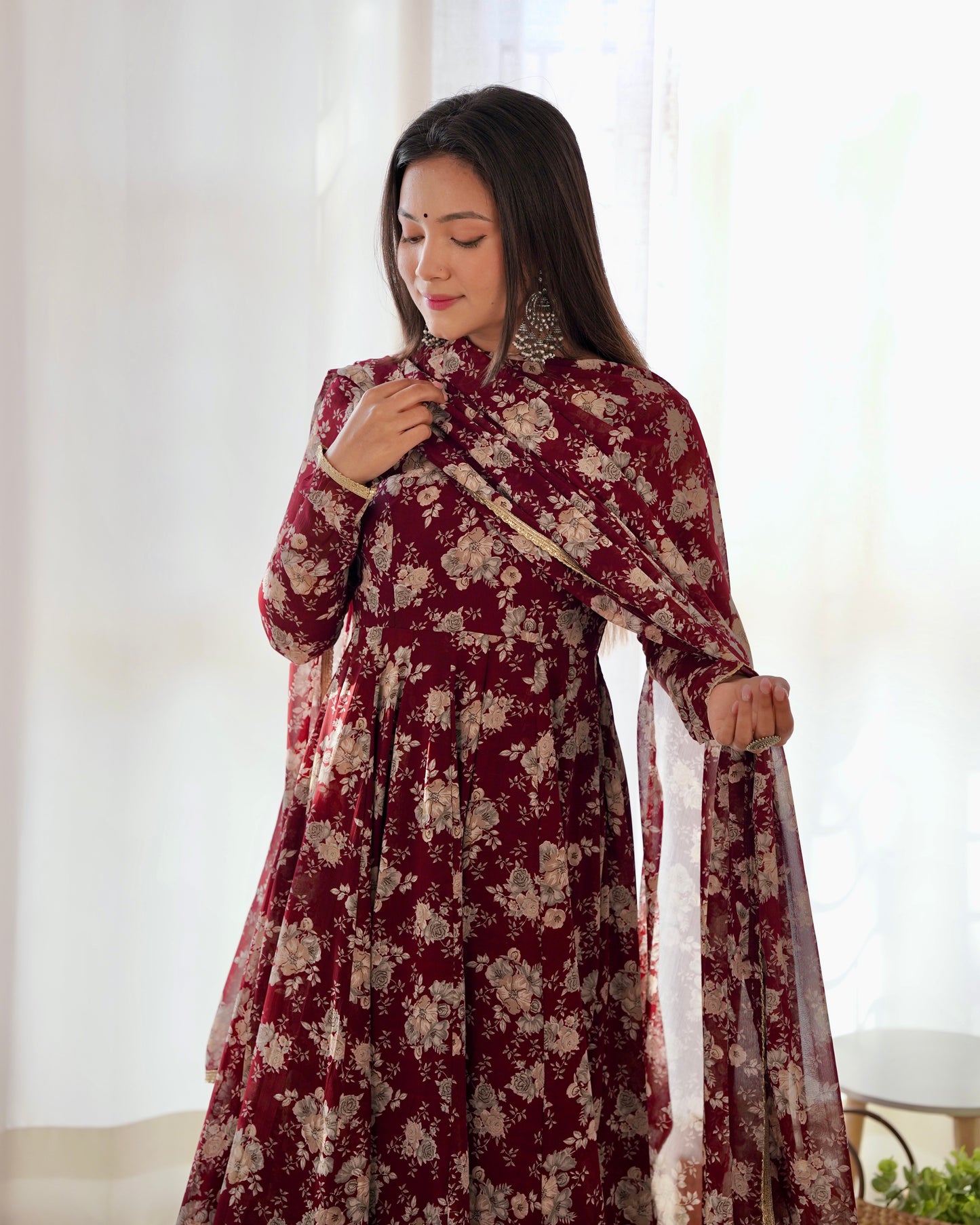 Dark Maroon Color Georgette Three Piece Anarkali Suit By Stylish Ethnic