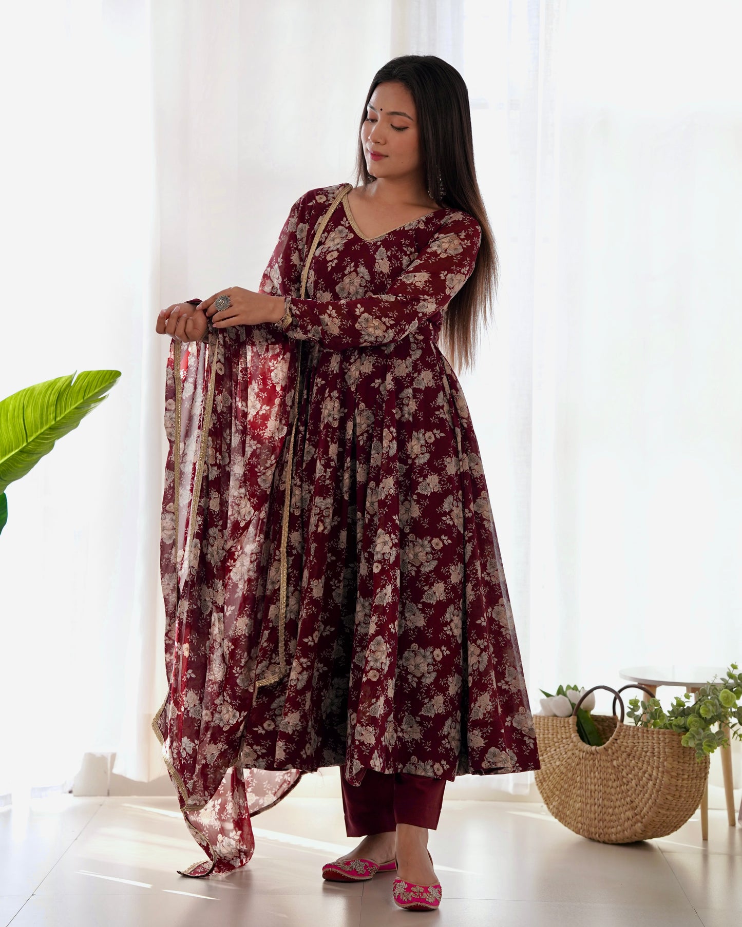 Dark Maroon Color Georgette Three Piece Anarkali Suit By Stylish Ethnic