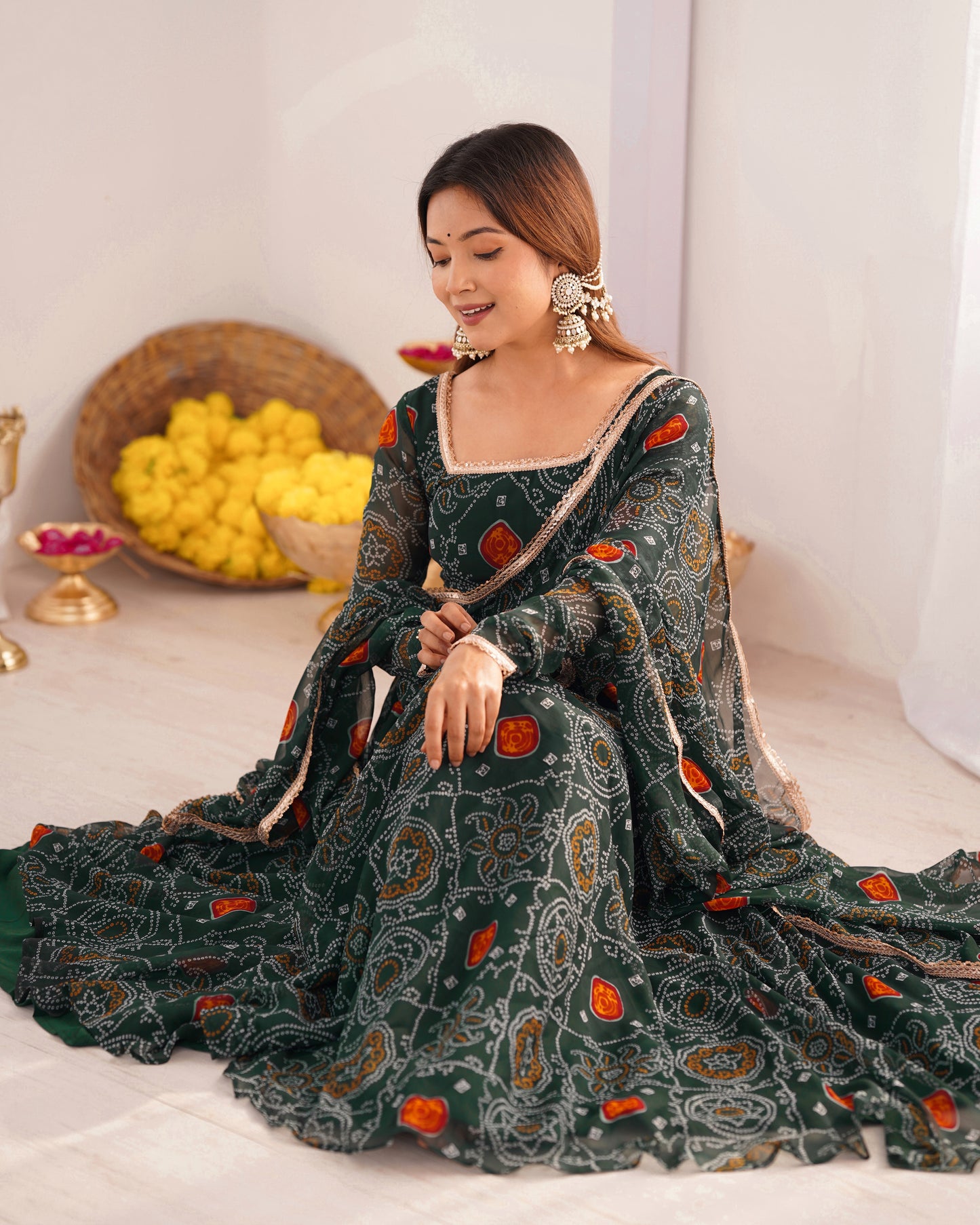 Premium Bandhej Chiffon Anarkali Gown with Fancy Lace Work Dupatta
