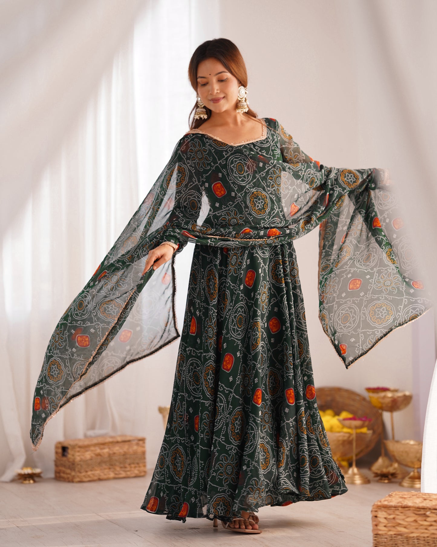 Premium Bandhej Chiffon Anarkali Gown with Fancy Lace Work Dupatta