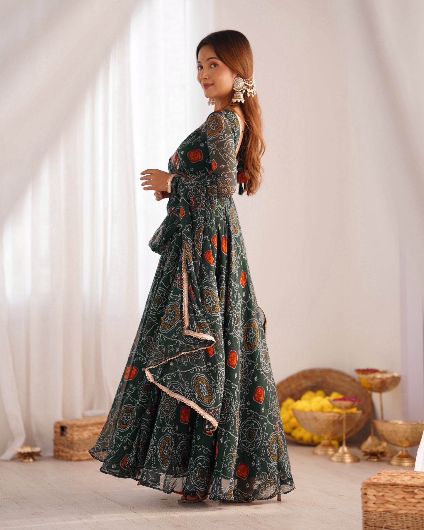 Premium Bandhej Chiffon Anarkali Gown with Fancy Lace Work Dupatta