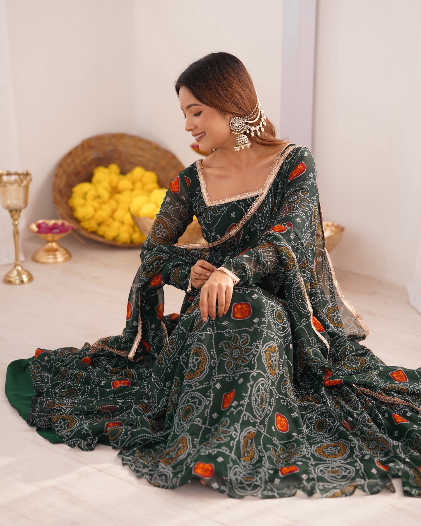 Premium Bandhej Chiffon Anarkali Gown with Fancy Lace Work Dupatta