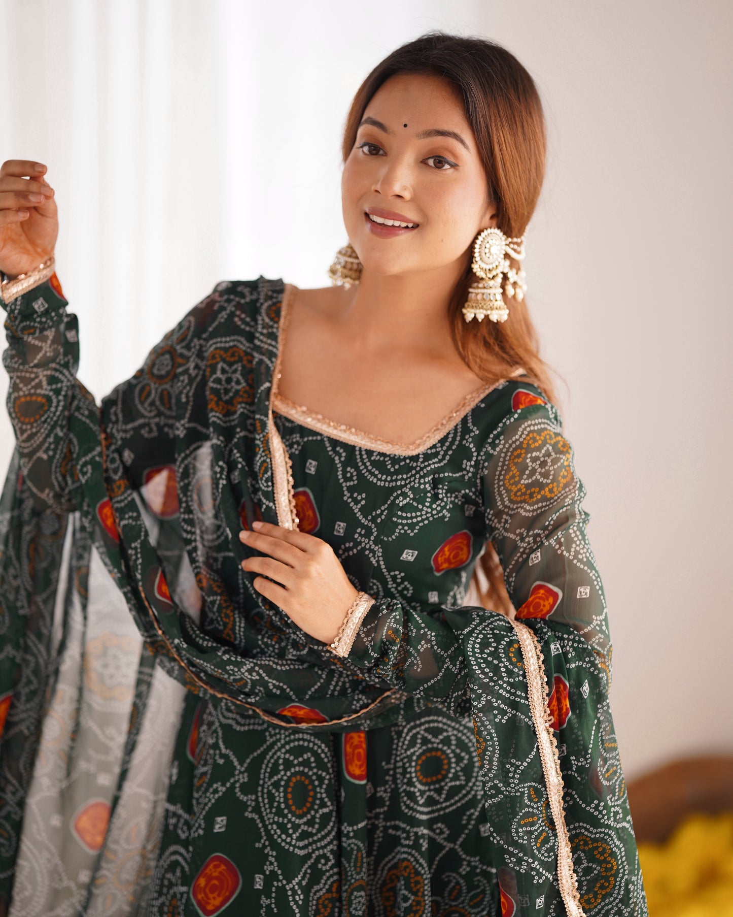Premium Bandhej Chiffon Anarkali Gown with Fancy Lace Work Dupatta