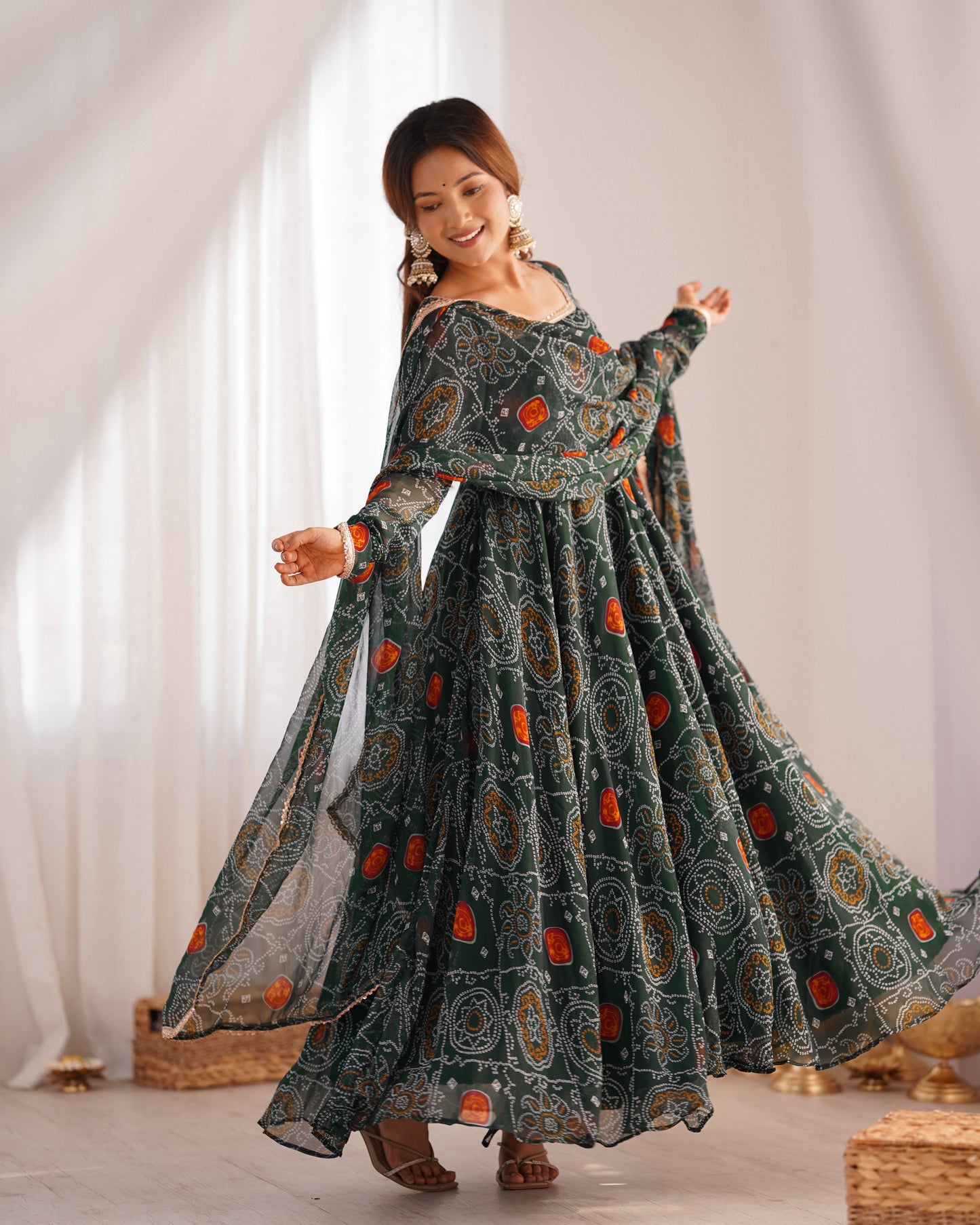 Premium Bandhej Chiffon Anarkali Gown with Fancy Lace Work Dupatta