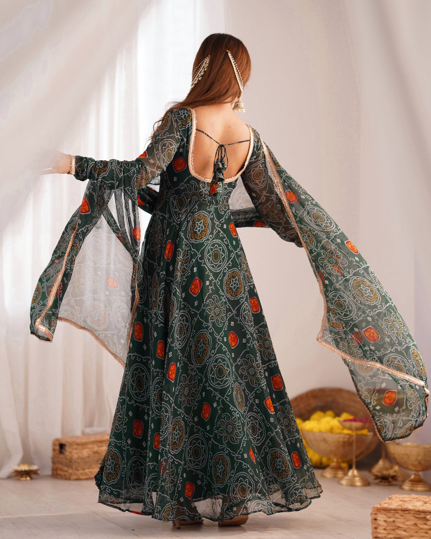 Premium Bandhej Chiffon Anarkali Gown with Fancy Lace Work Dupatta