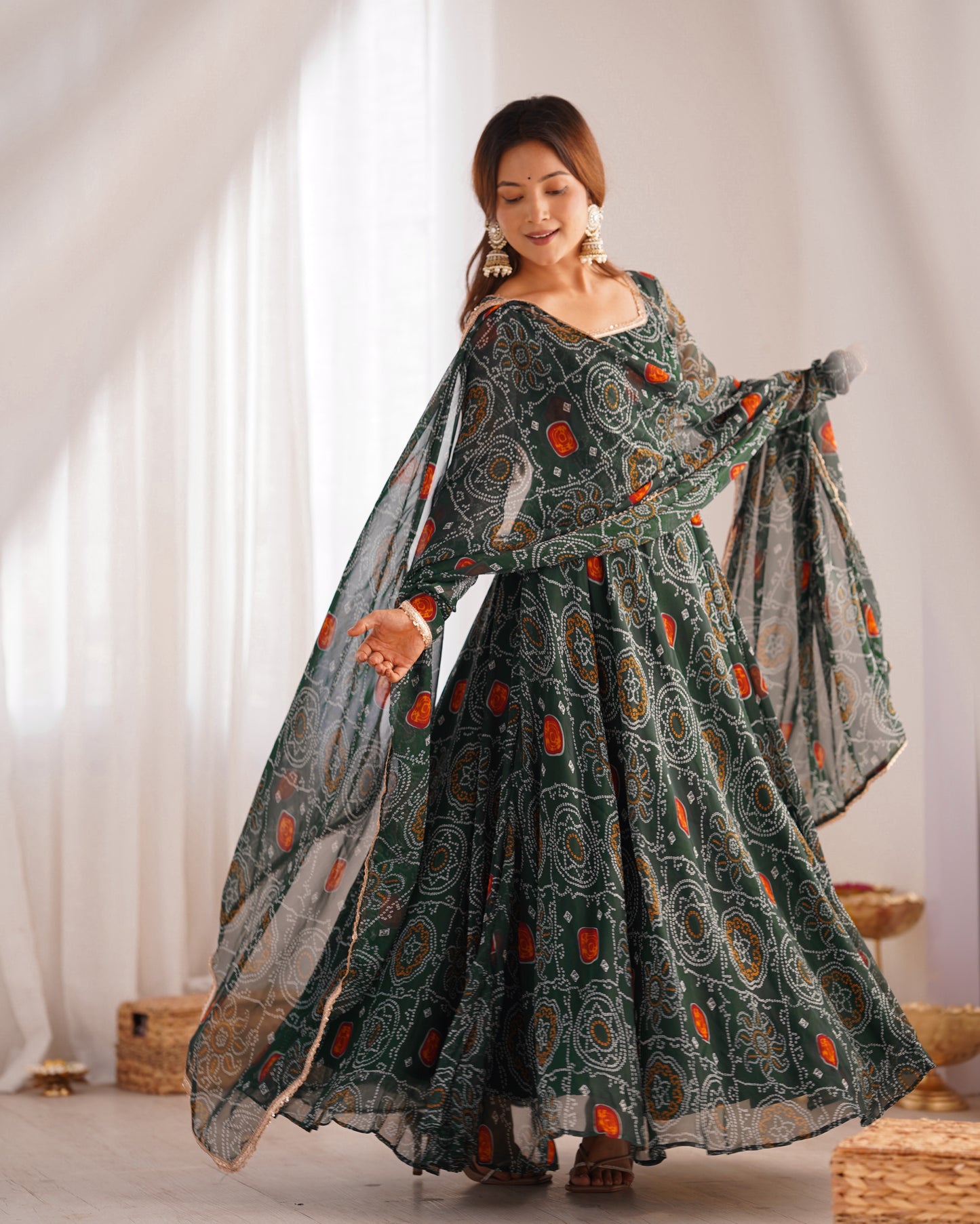 Premium Bandhej Chiffon Anarkali Gown with Fancy Lace Work Dupatta