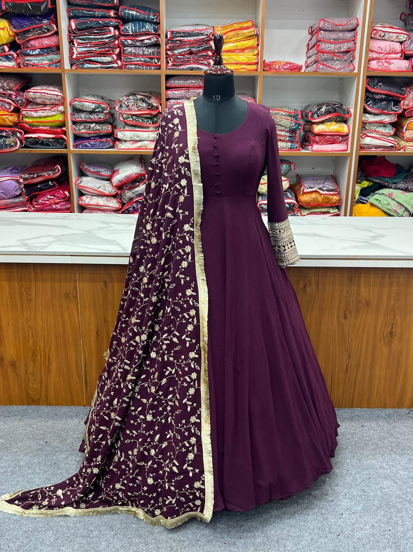 Luxurious Fox Georgette WIne Purple Gown Set with Heavy Sequins and Jari Work