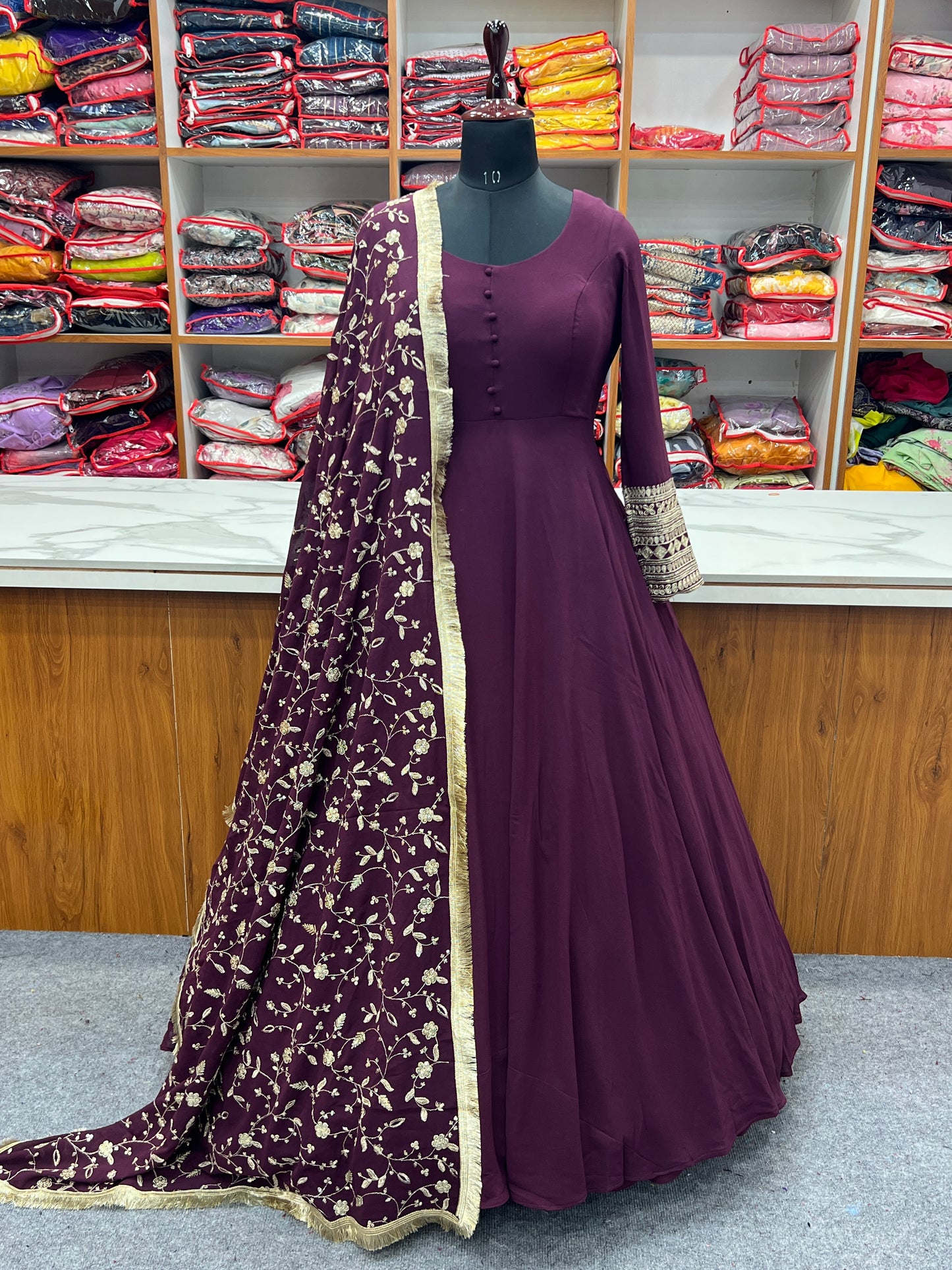 Luxurious Fox Georgette WIne Purple Gown Set with Heavy Sequins and Jari Work