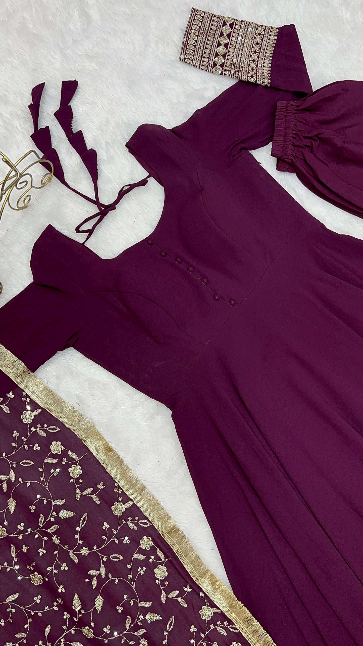 Luxurious Fox Georgette WIne Purple Gown Set with Heavy Sequins and Jari Work