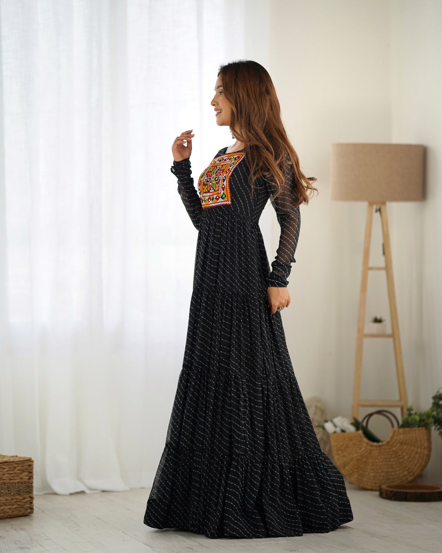 Georgette Embroidered Work Black Readymade Floor Length Gown By Stylish Ethnic