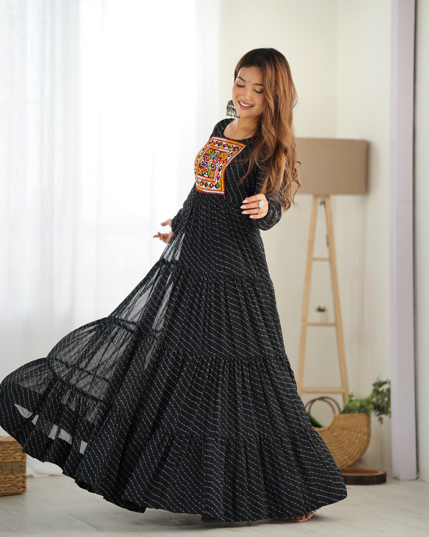 Georgette Embroidered Work Black Readymade Floor Length Gown By Stylish Ethnic
