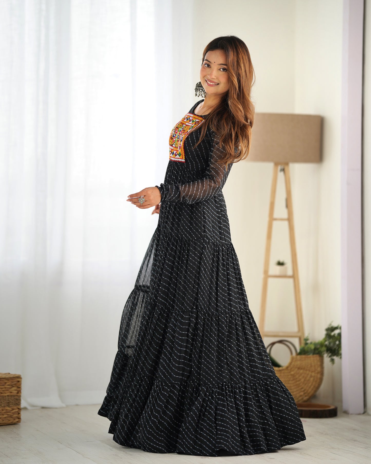 Georgette Embroidered Work Black Readymade Floor Length Gown By Stylish Ethnic
