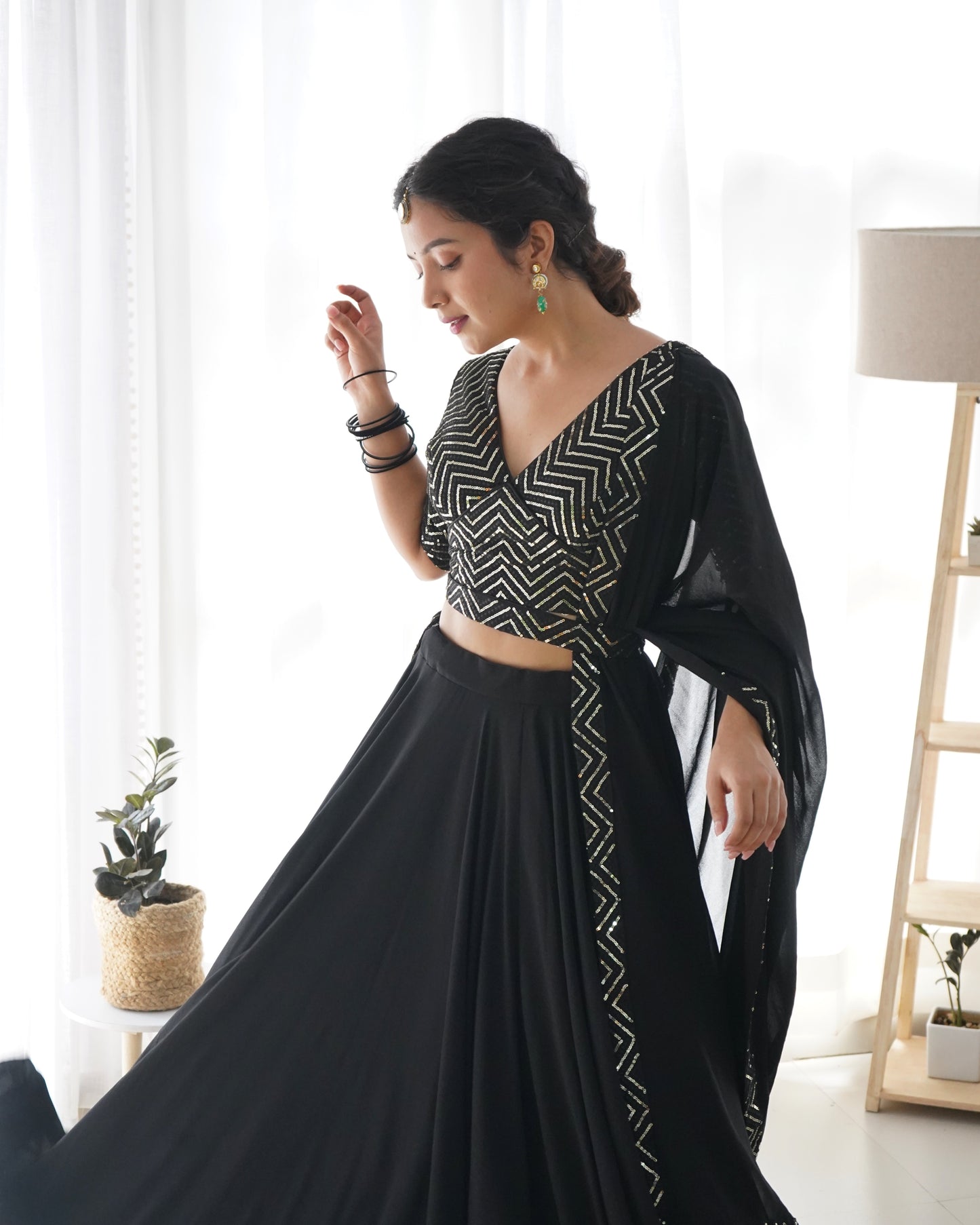 Black Flared Faux Georgette Readymade Lehenga Choli By Stylish Ethinic