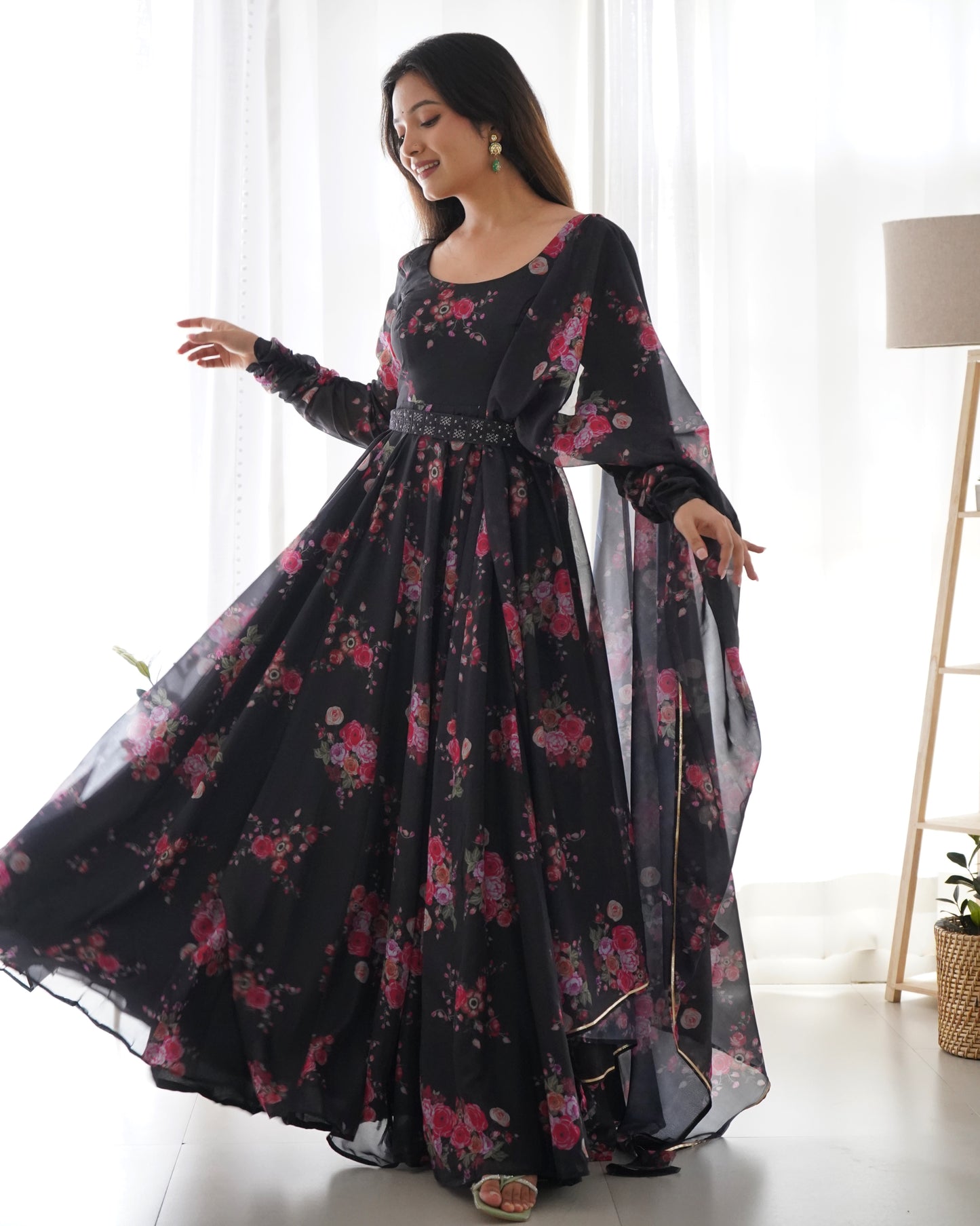 Soft Organza Silk Anarkali Kali Cut Gown, Waist Belt, With Duppta And Pant By Stylish Ethnic