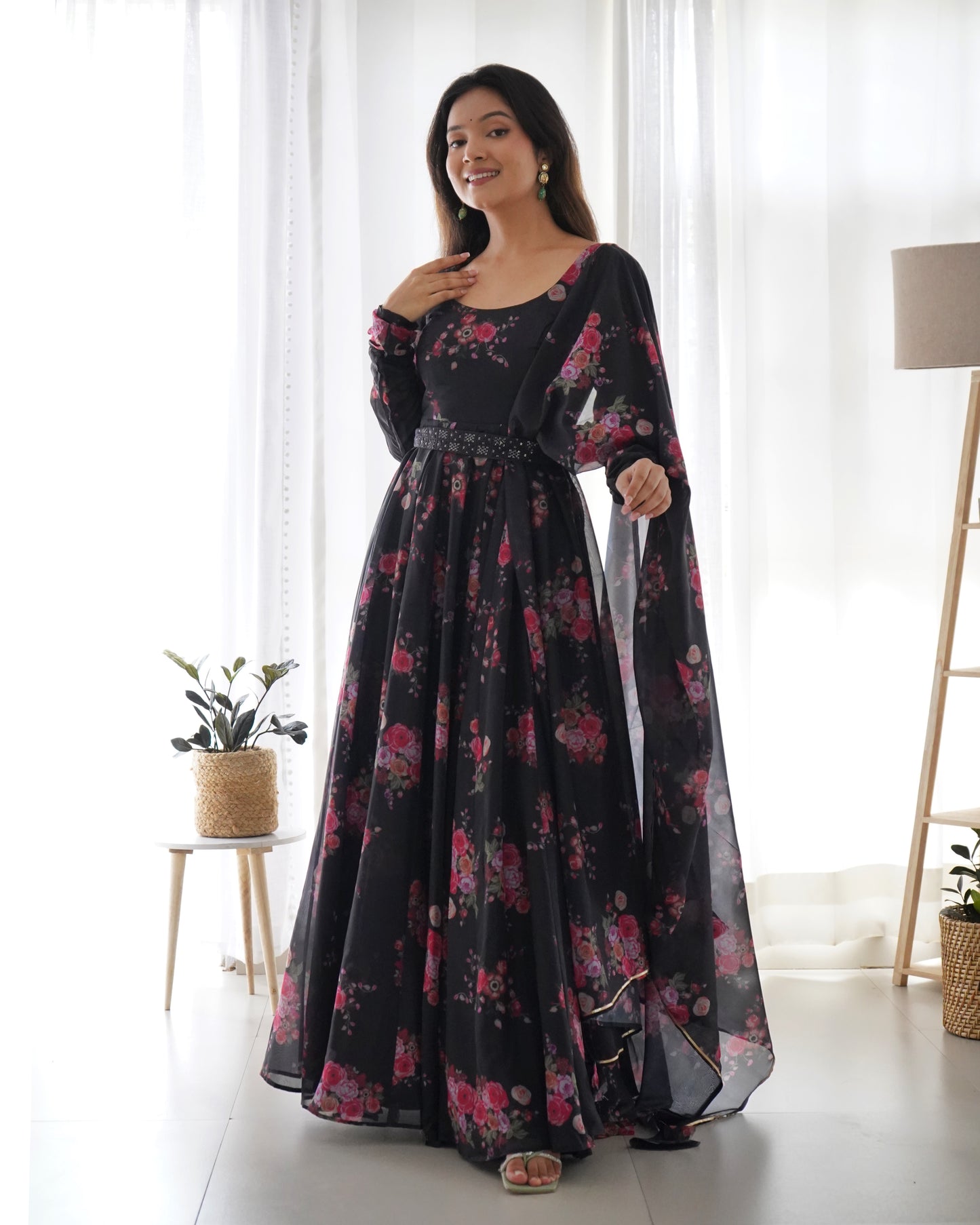 Soft Organza Silk Anarkali Kali Cut Gown, Waist Belt, With Duppta And Pant By Stylish Ethnic