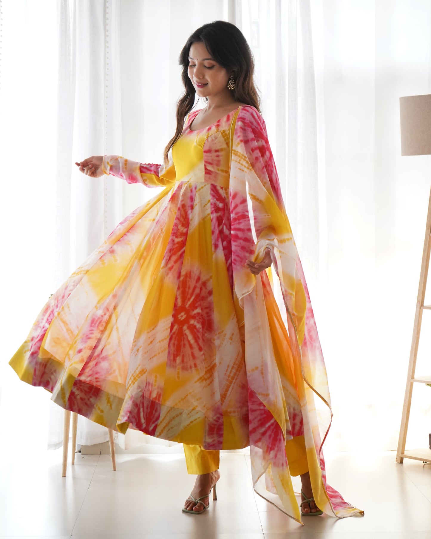 Yellow Organza Digital Printed Anarkali With Pant And Dupatta By Stylish Ethnic