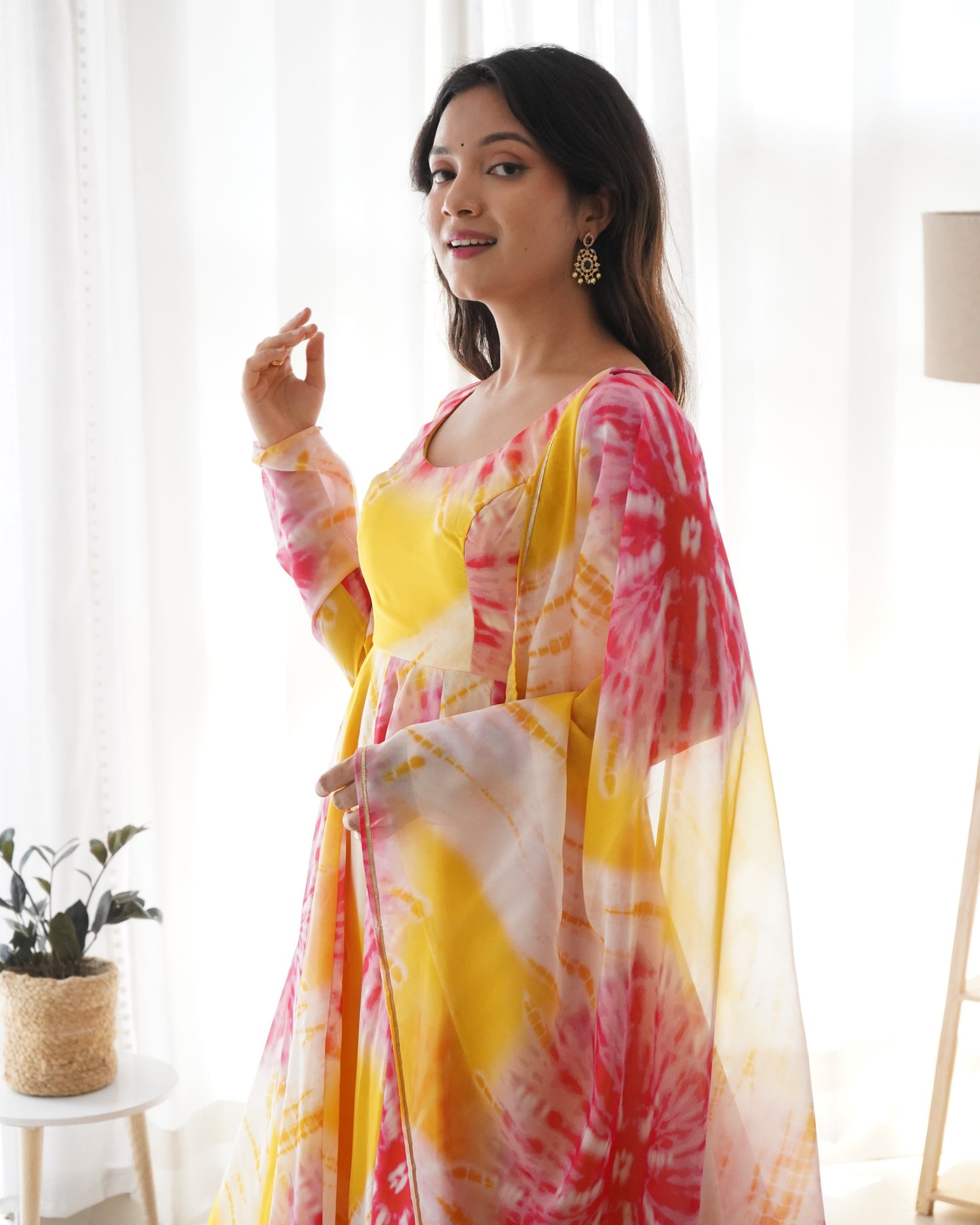 Yellow Organza Digital Printed Anarkali With Pant And Dupatta By Stylish Ethnic