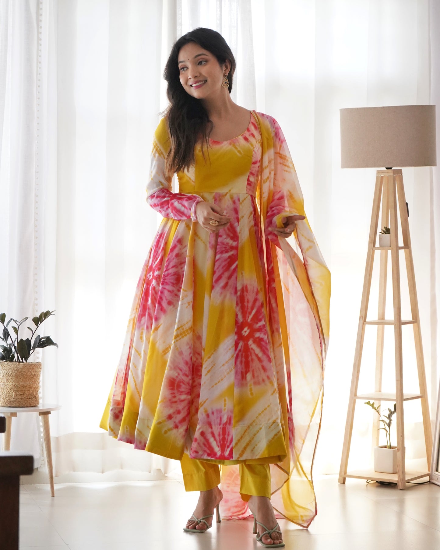 Yellow Organza Digital Printed Anarkali With Pant And Dupatta By Stylish Ethnic