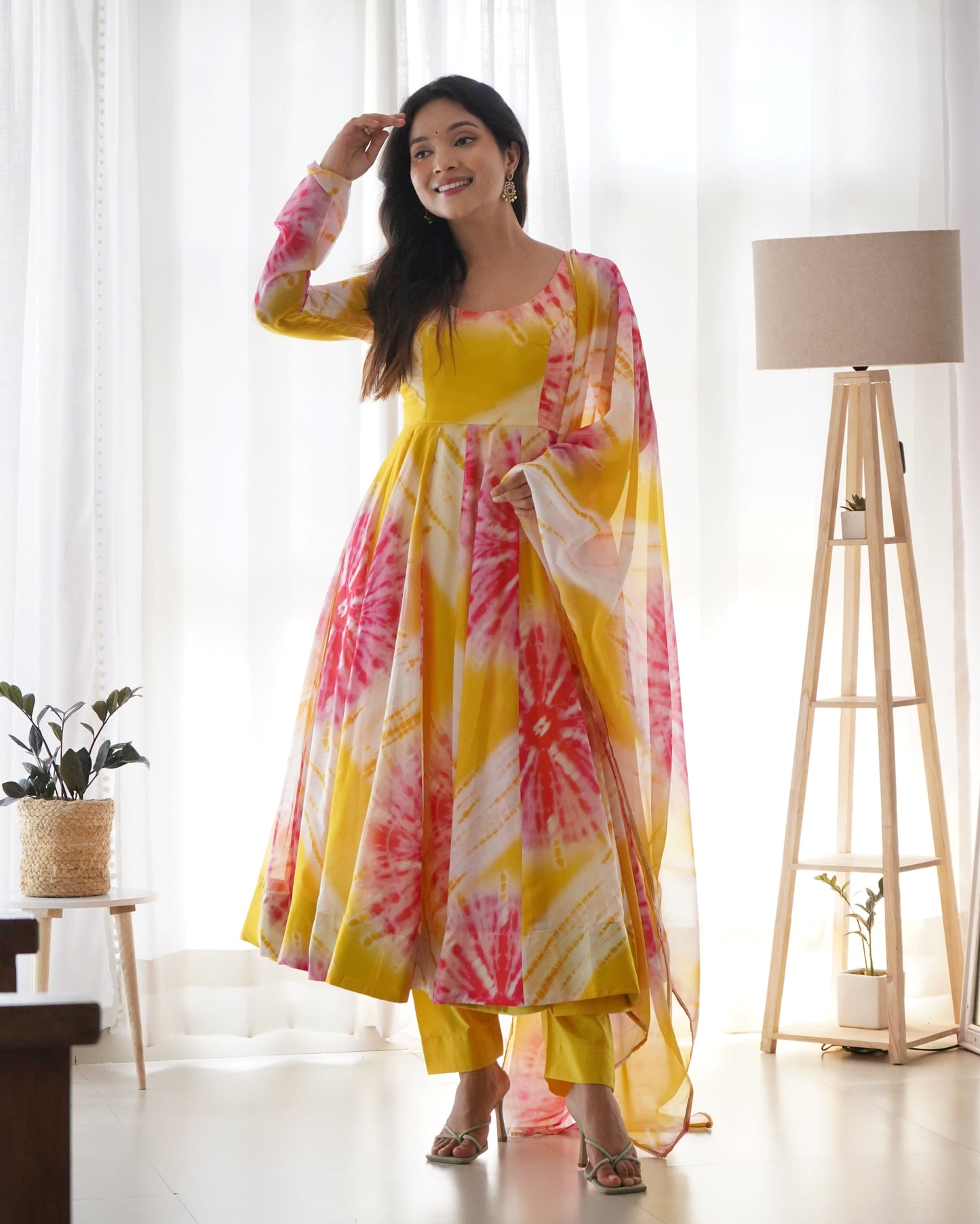 Yellow Organza Digital Printed Anarkali With Pant And Dupatta By Stylish Ethnic