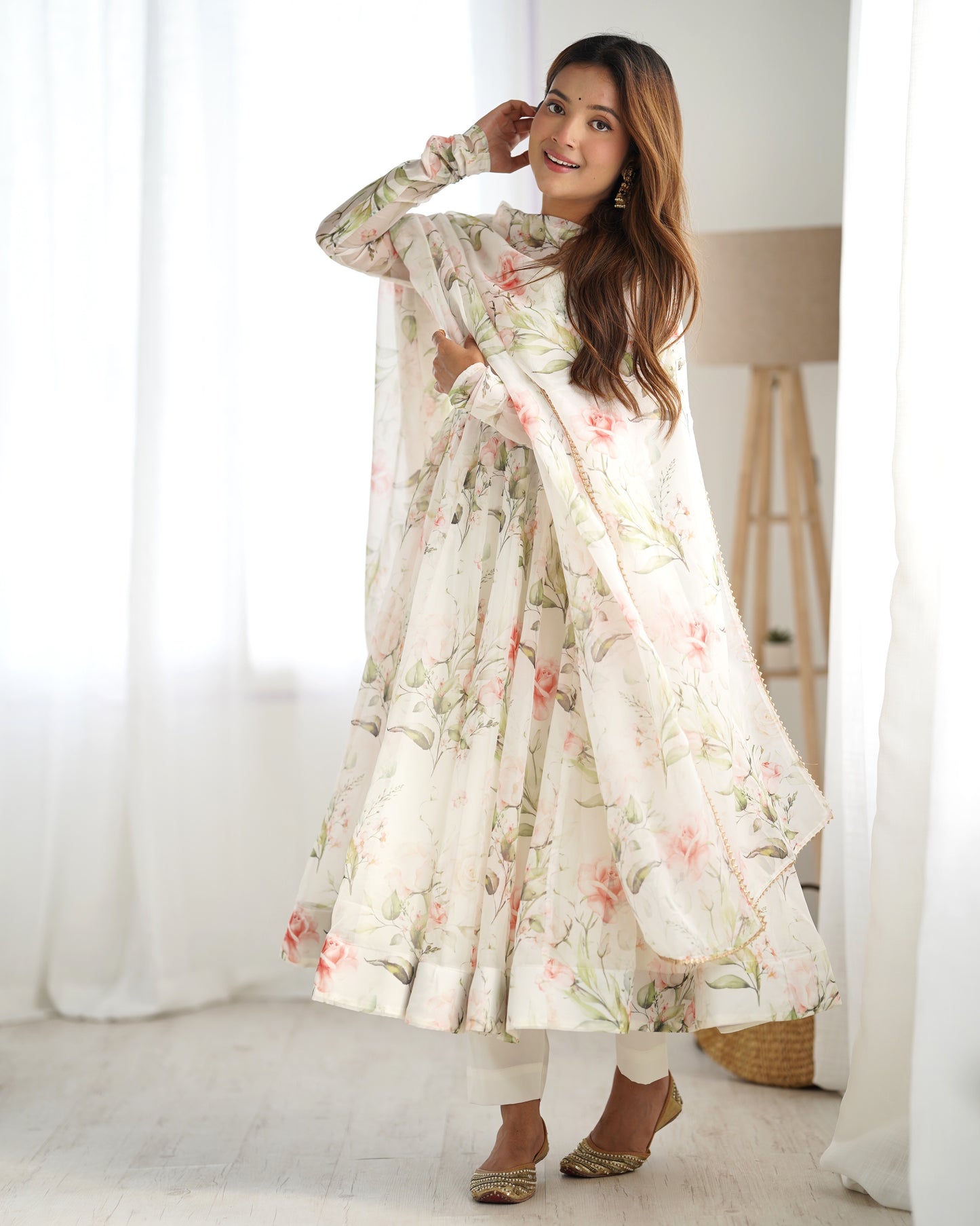 Premium Organza Silk White Anarkali Gown Set with Dupatta