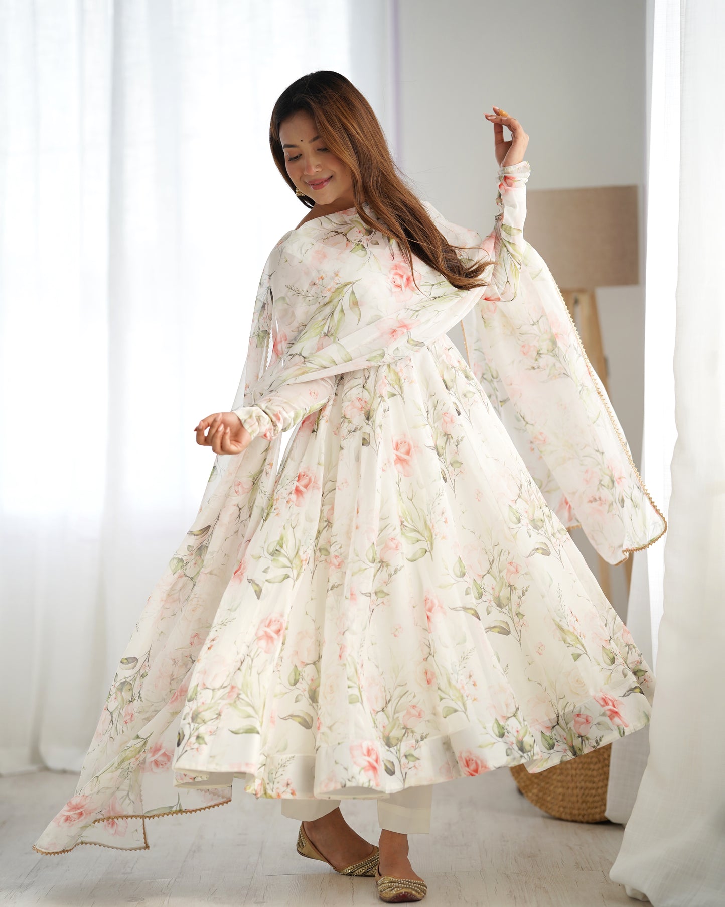 Premium Organza Silk White Anarkali Gown Set with Dupatta