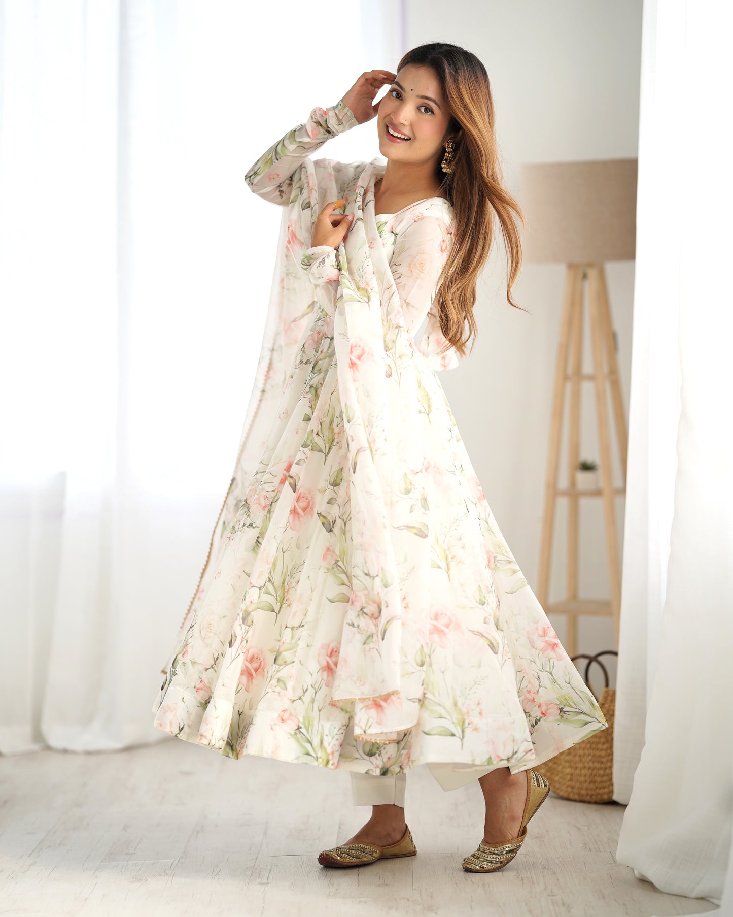 Premium Organza Silk White Anarkali Gown Set with Dupatta