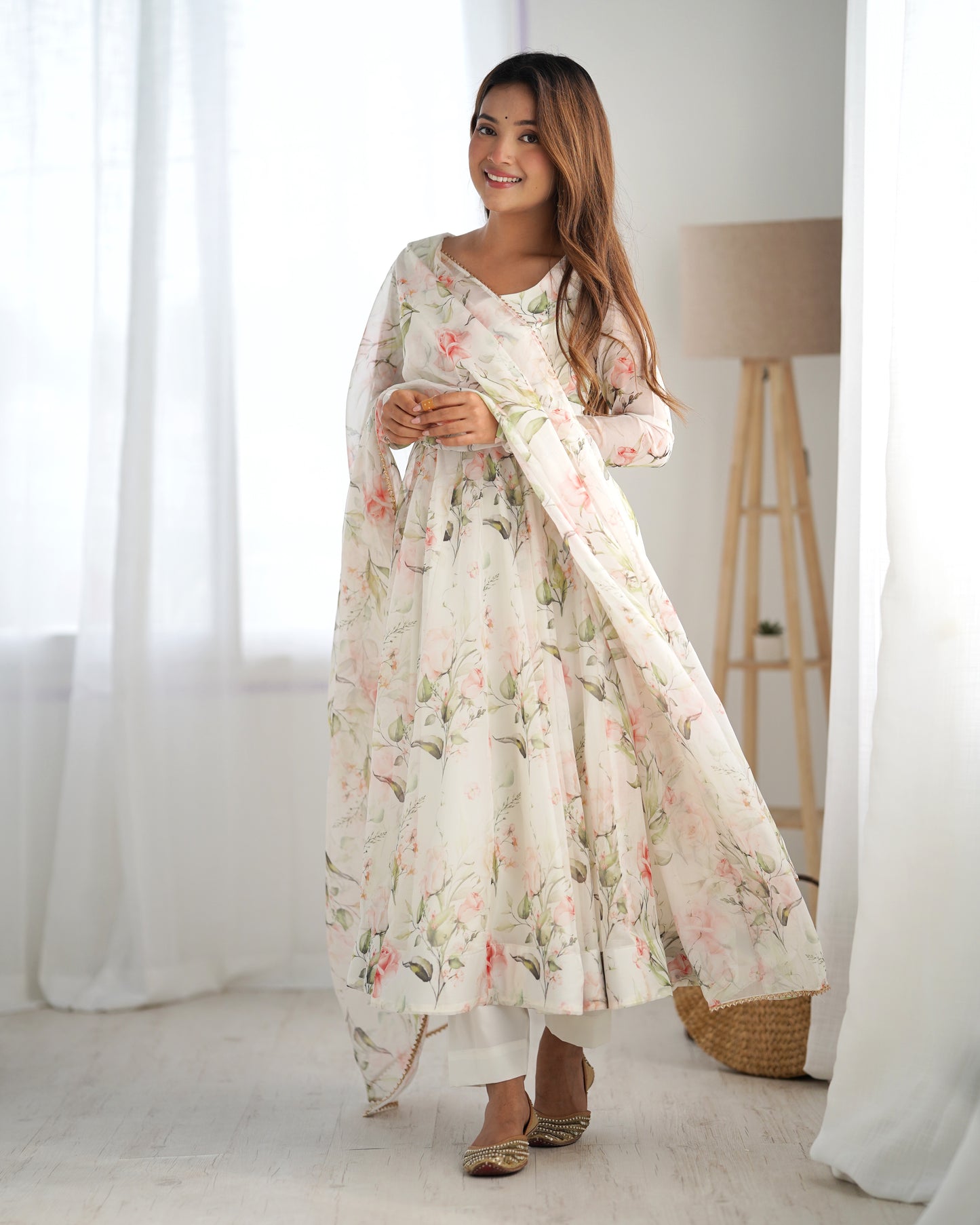 Premium Organza Silk White Anarkali Gown Set with Dupatta