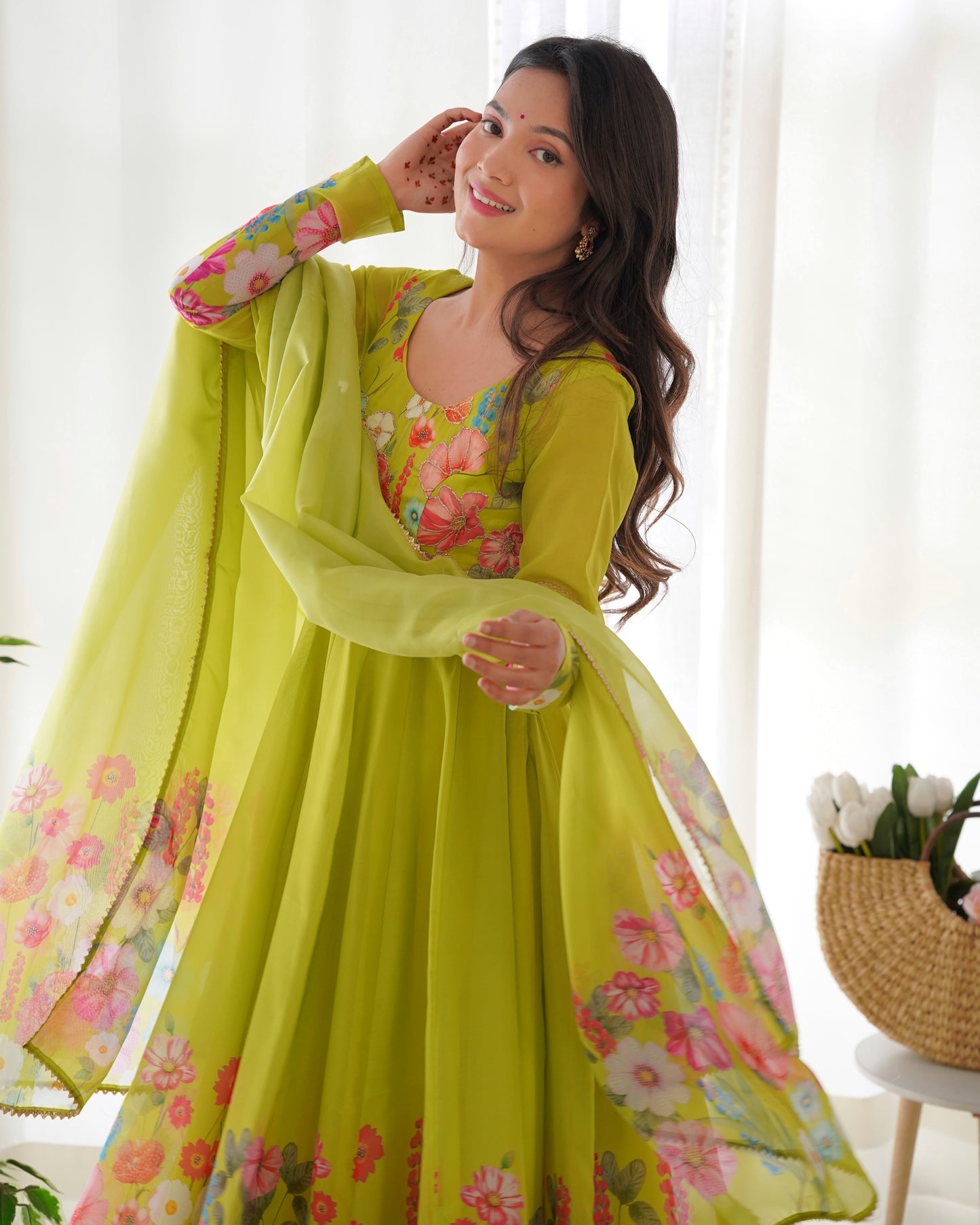 Green Color Organza Silk Three Piece Anarkali Suit By Stylish Ethnic