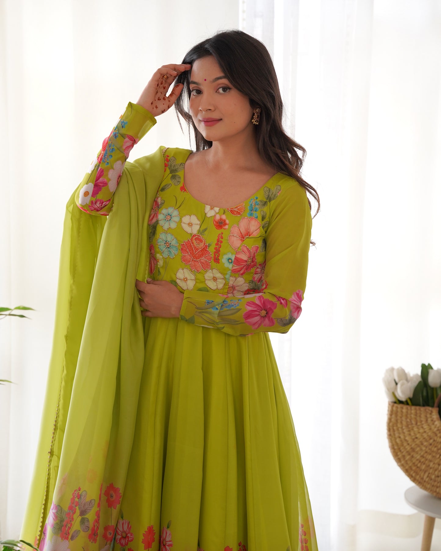 Green Color Organza Silk Three Piece Anarkali Suit By Stylish Ethnic