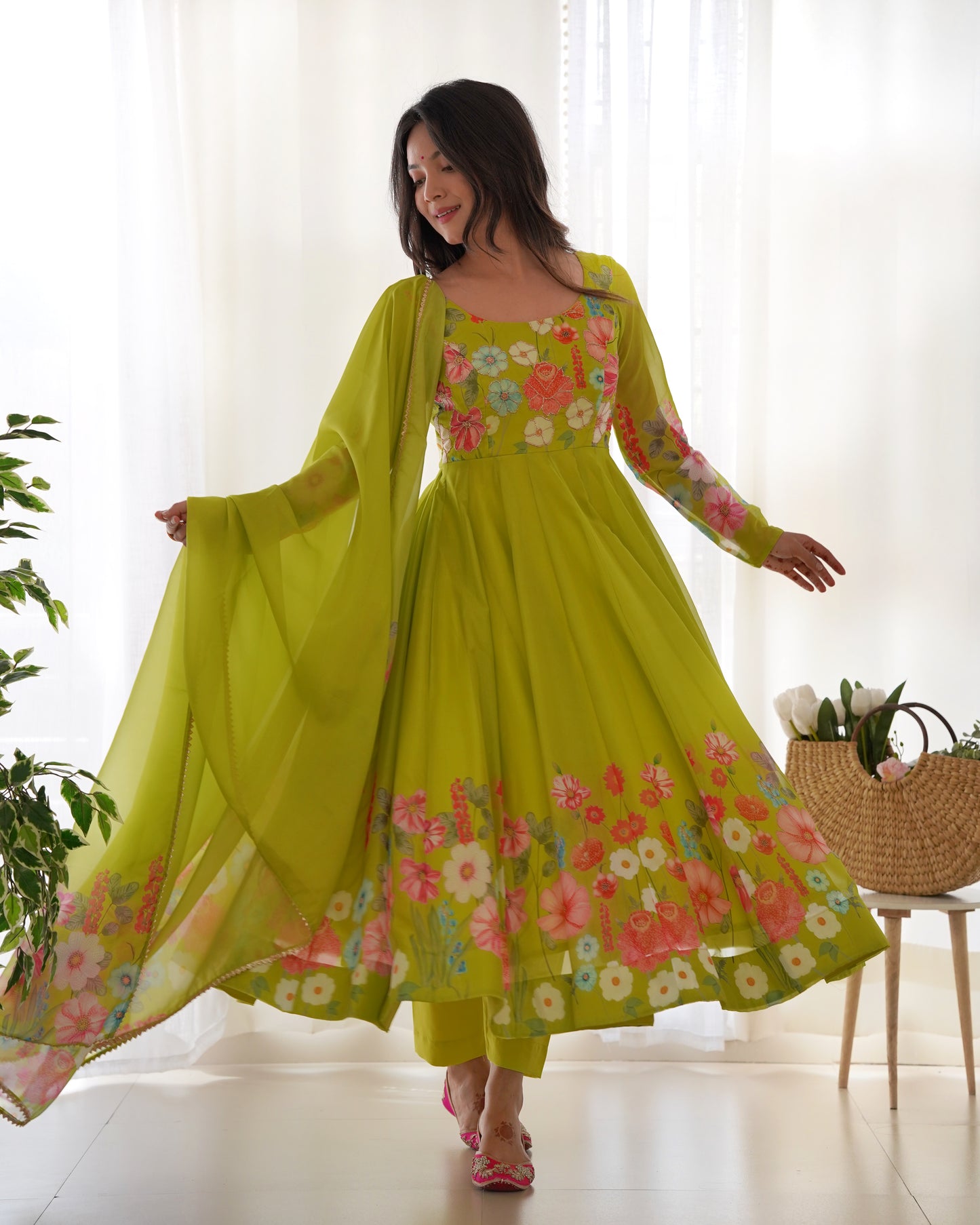 Green Color Organza Silk Three Piece Anarkali Suit By Stylish Ethnic